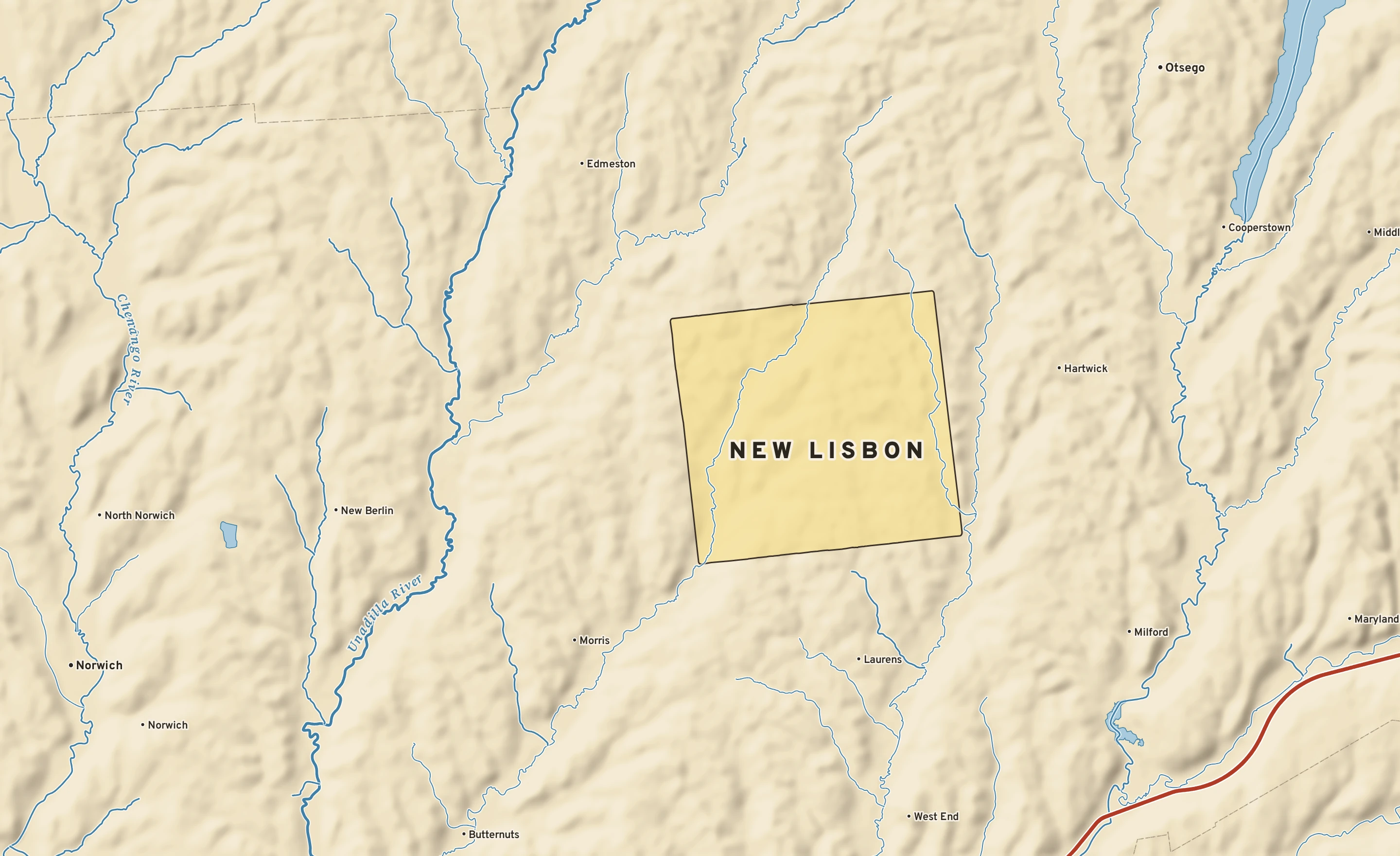 Shaded-relief atlas plate of New Lisbon, New York: rivers, roads, the city limits and where the water drains.