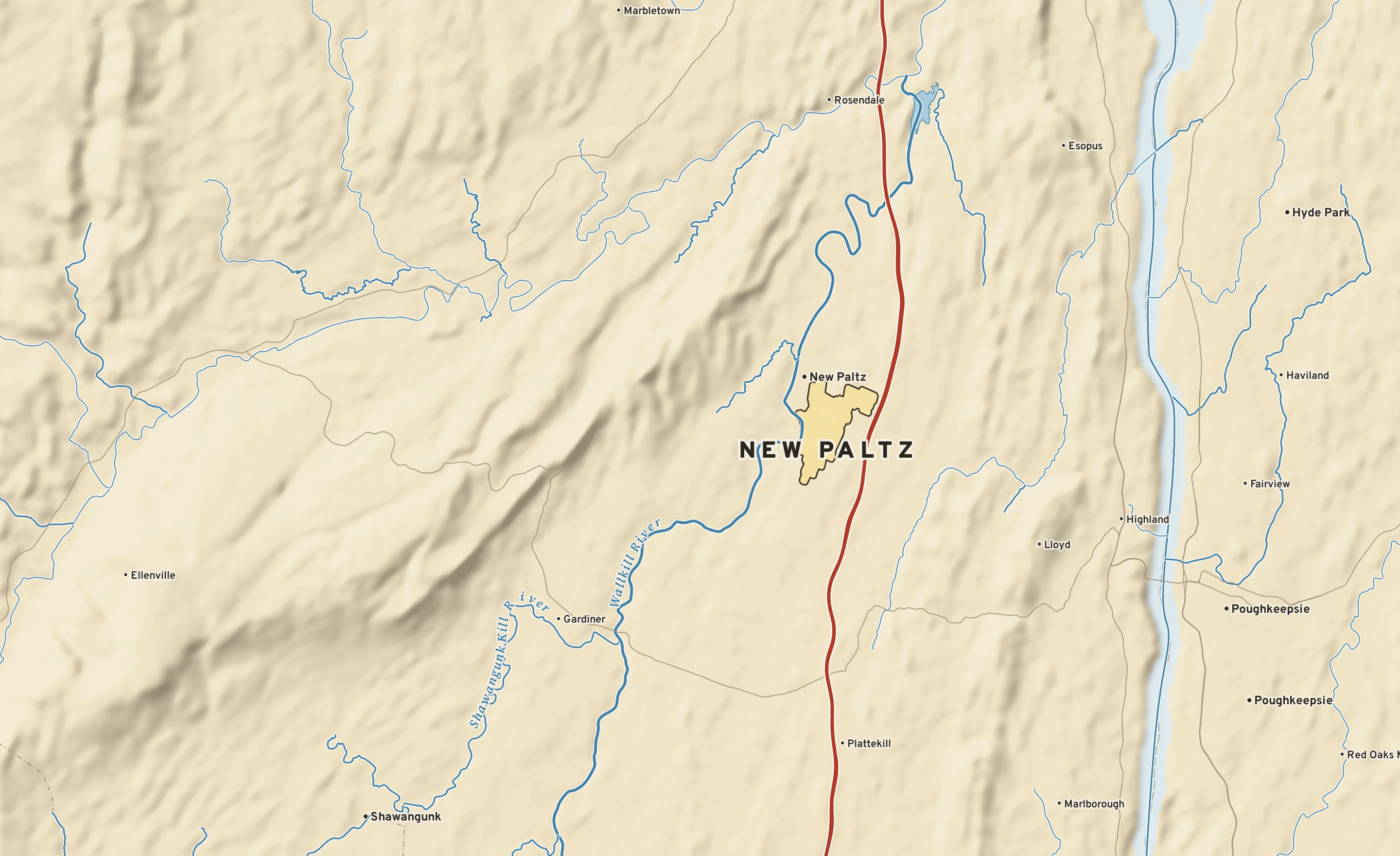 Shaded-relief atlas plate of New Paltz, New York: rivers, roads, the city limits and where the water drains.