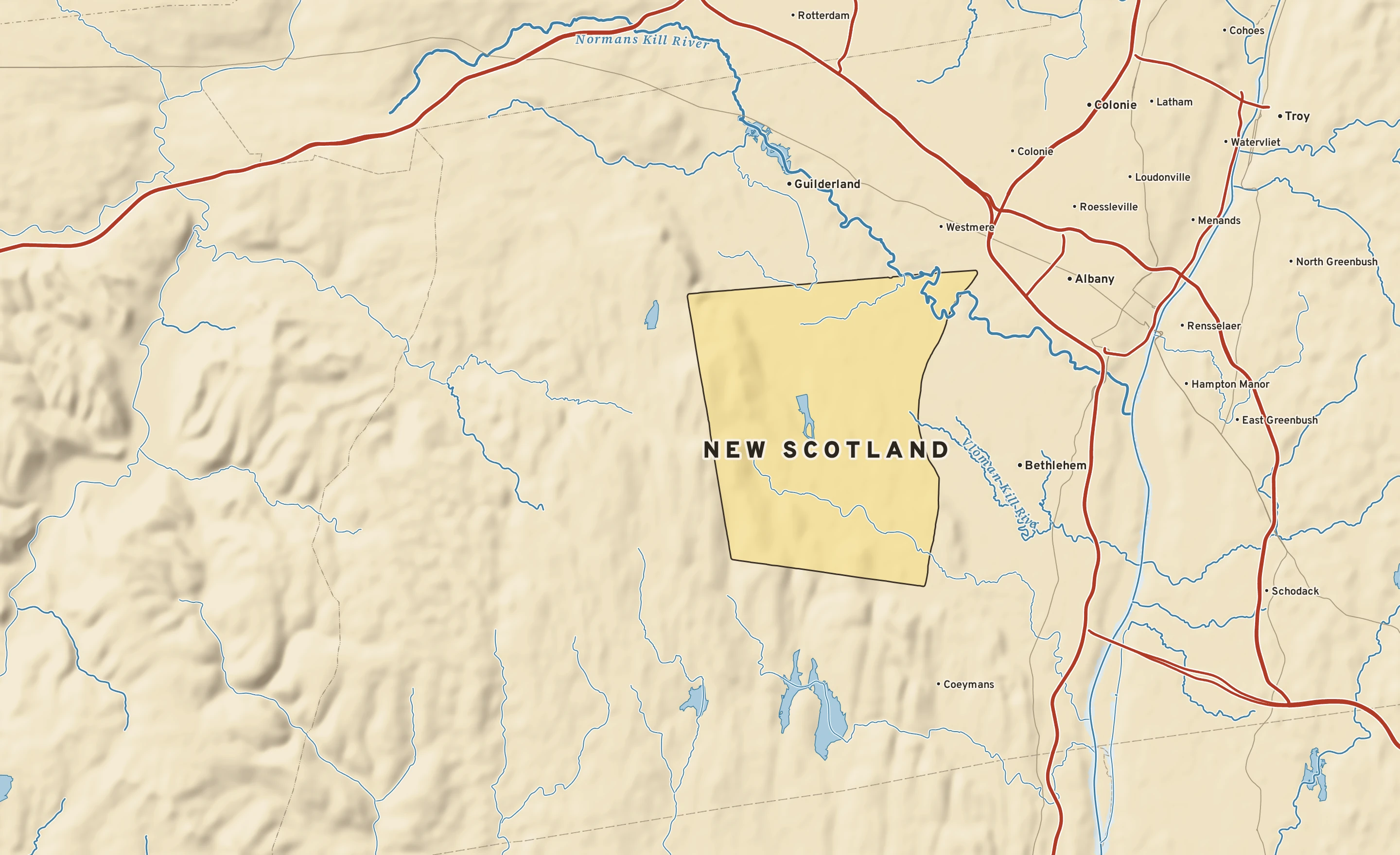 Shaded-relief atlas plate of New Scotland, New York: rivers, roads, the city limits and where the water drains.