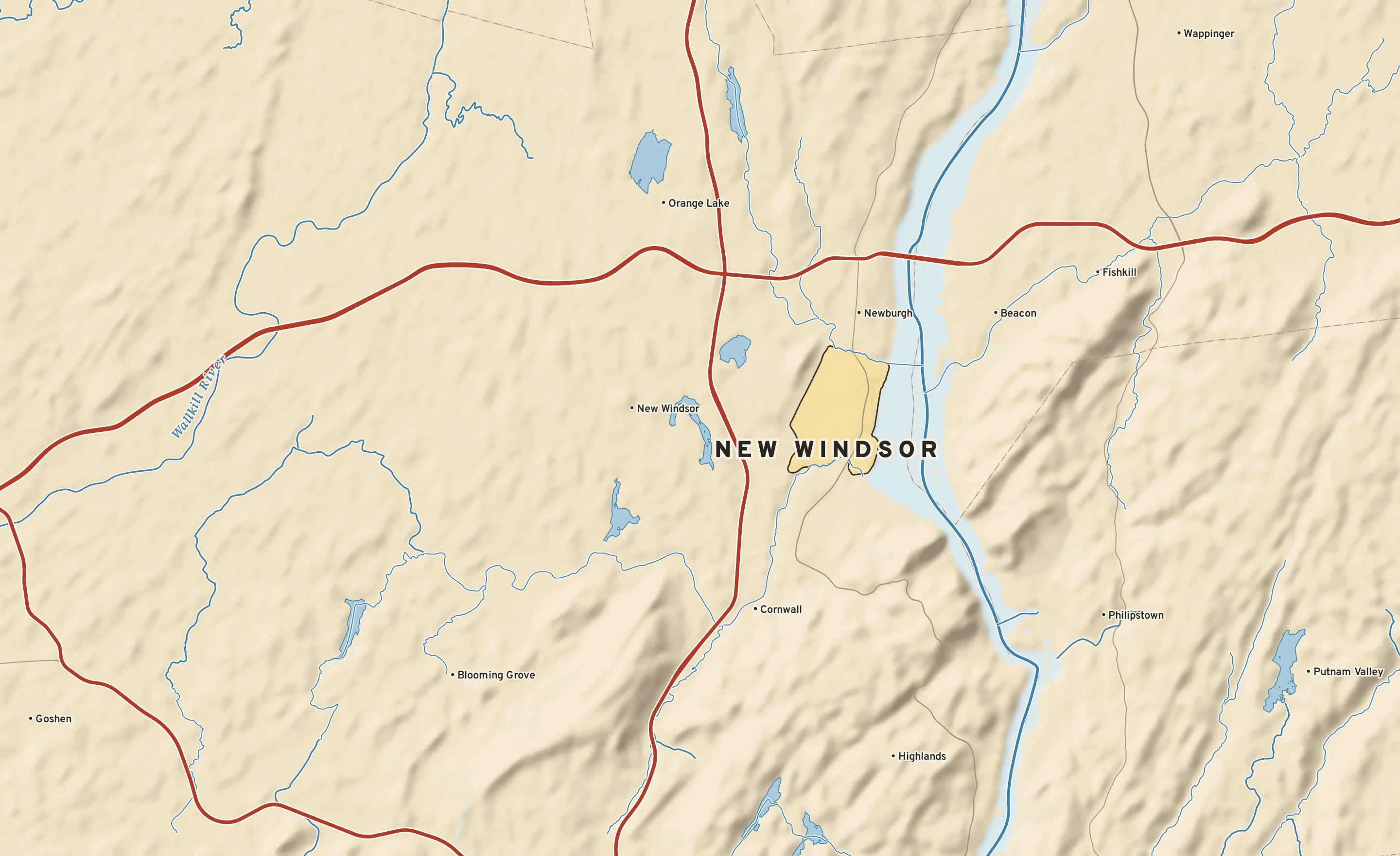 Shaded-relief atlas plate of New Windsor, New York: rivers, roads, the city limits and where the water drains.