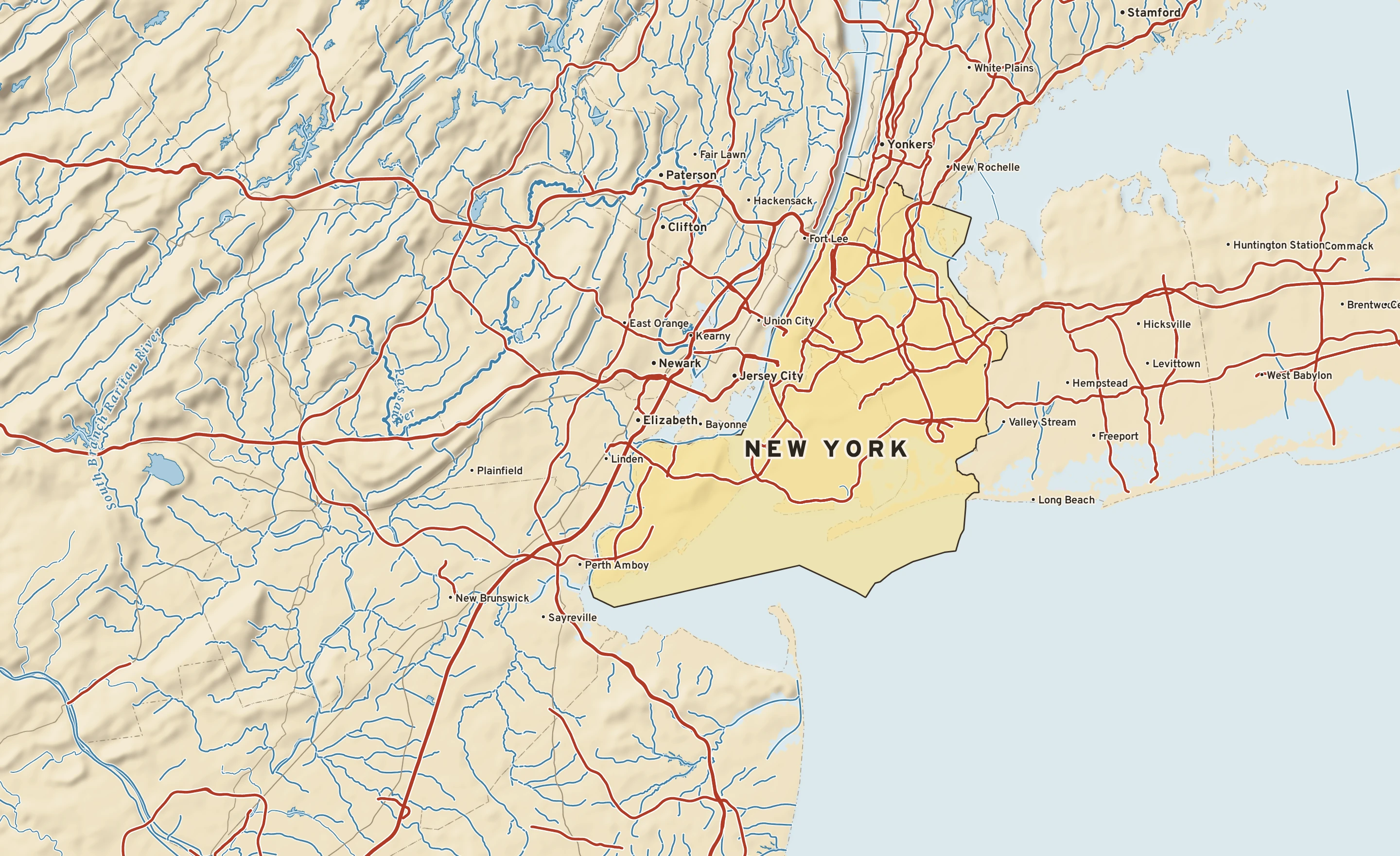 Shaded-relief atlas plate of New York, New York: rivers, roads, the city limits and where the water drains.