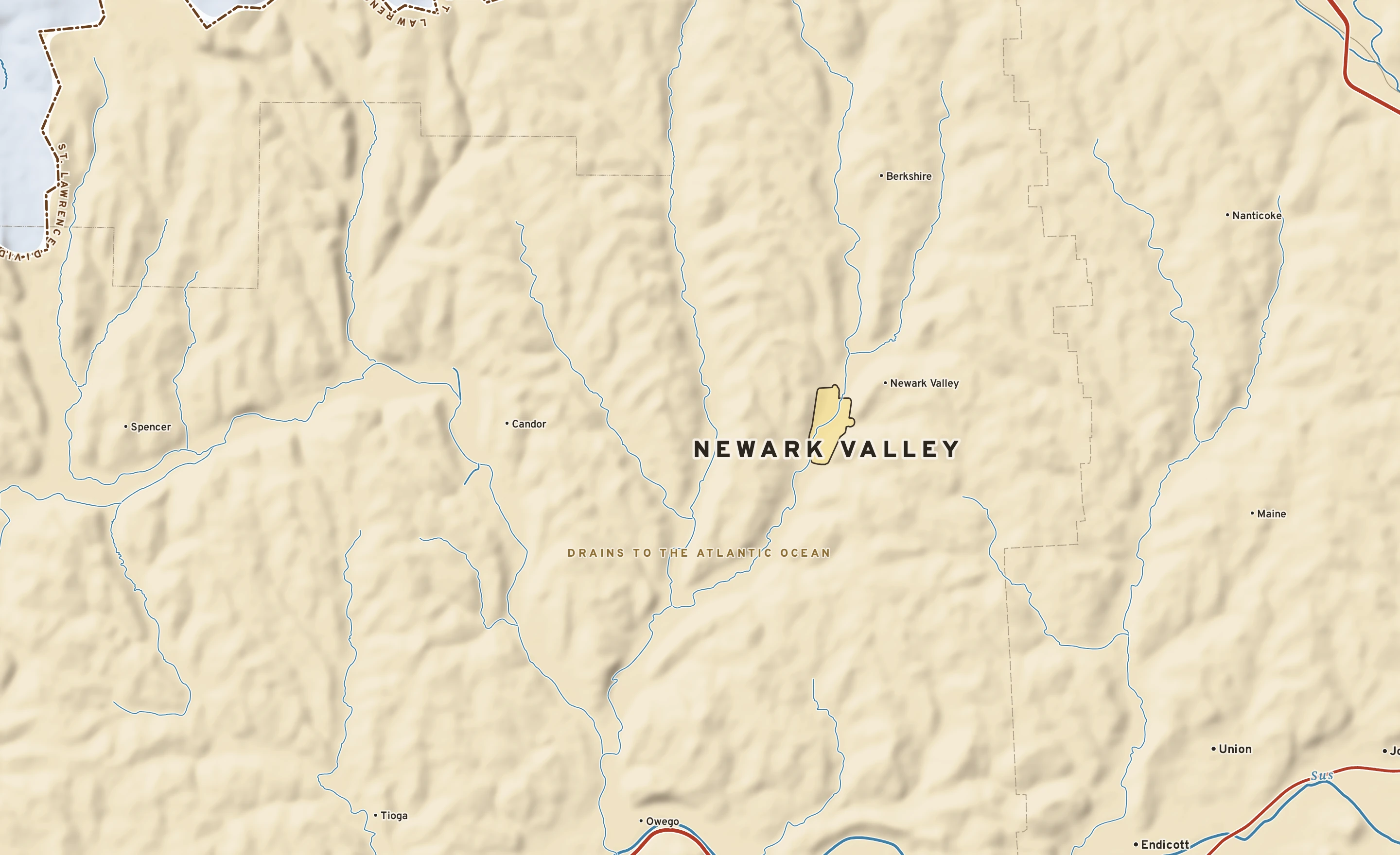 Shaded-relief atlas plate of Newark Valley, New York: rivers, roads, the city limits and where the water drains.