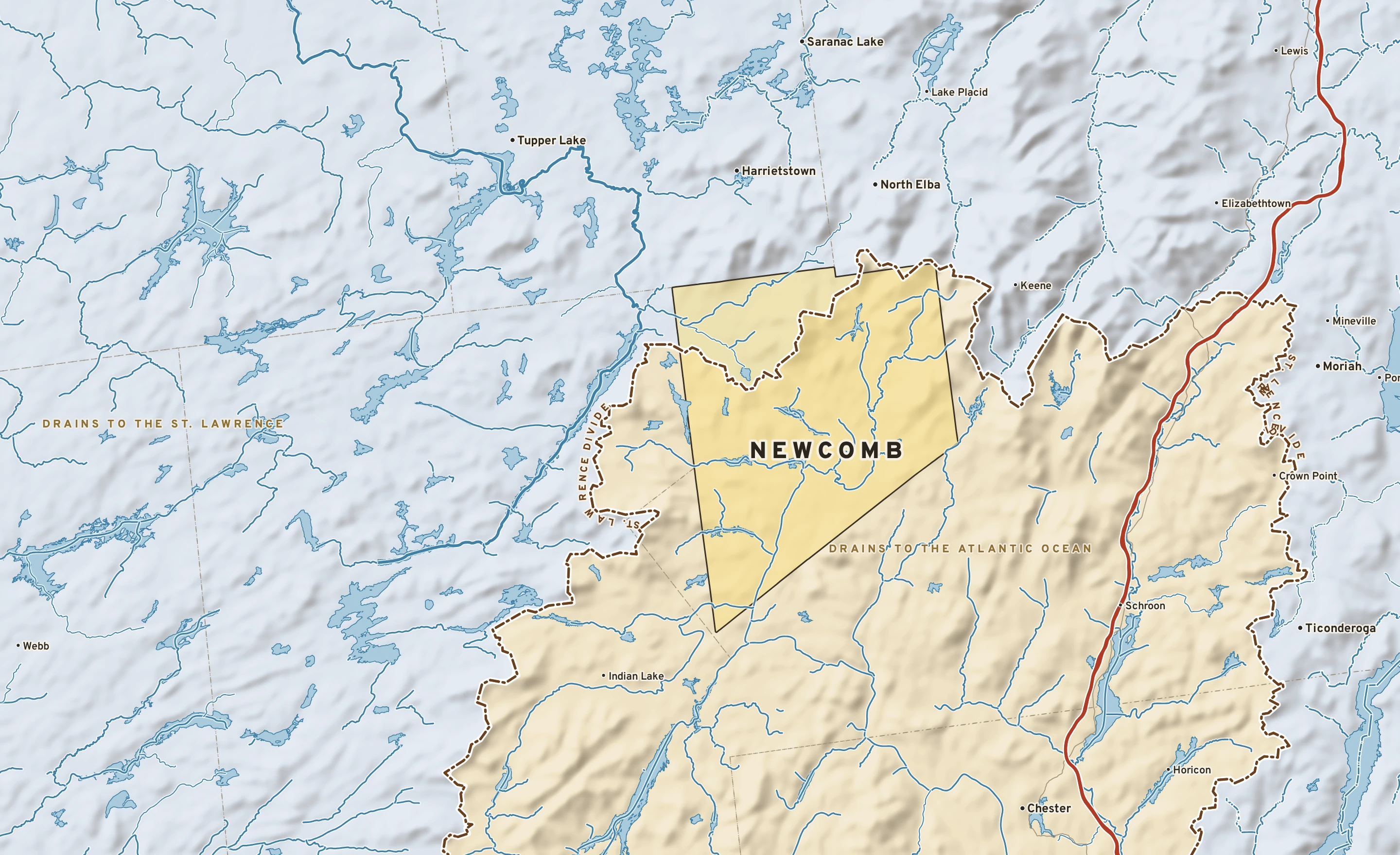 Shaded-relief atlas plate of Newcomb, New York: rivers, roads, the city limits and where the water drains.