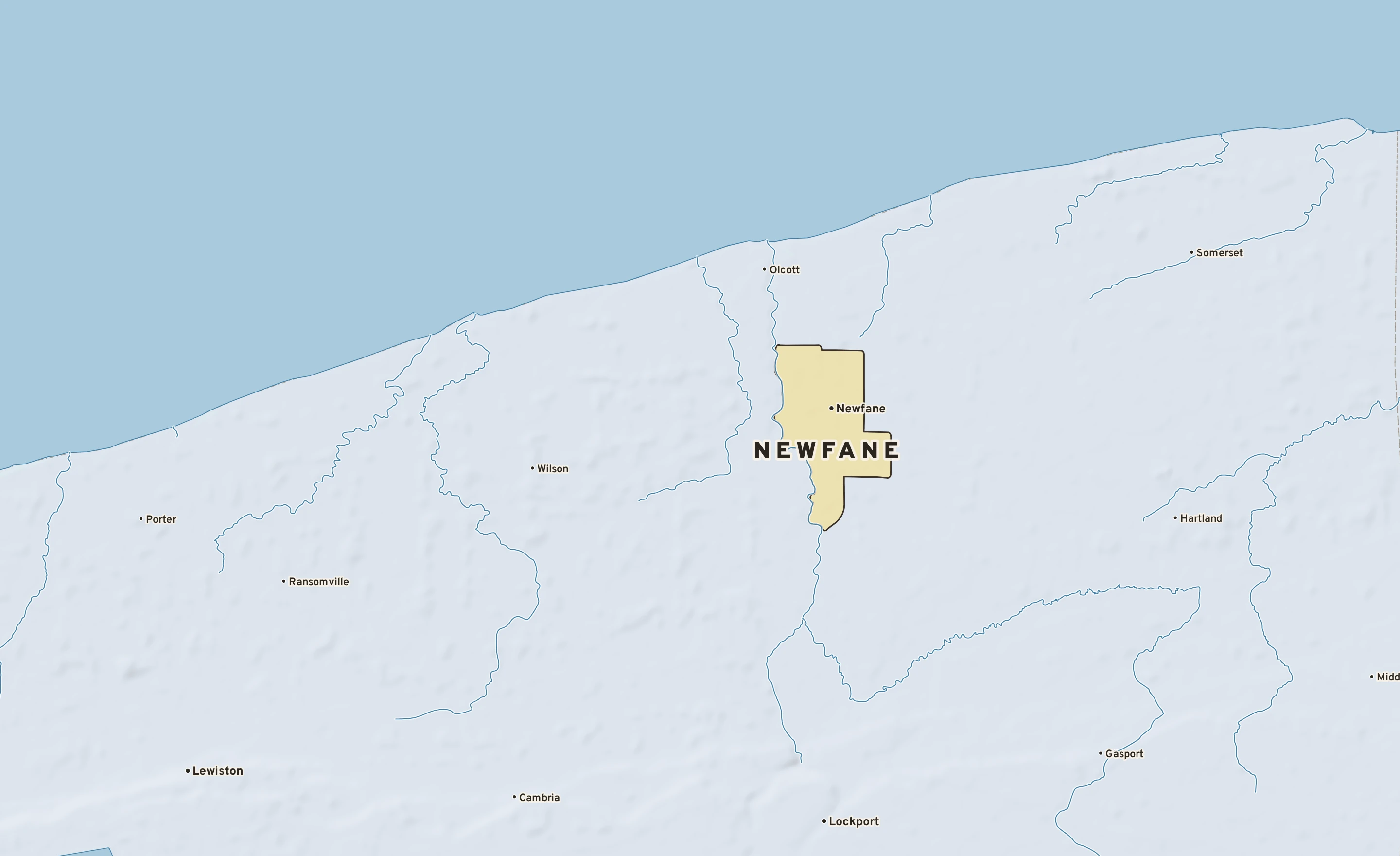 Shaded-relief atlas plate of Newfane, New York: rivers, roads, the city limits and where the water drains.