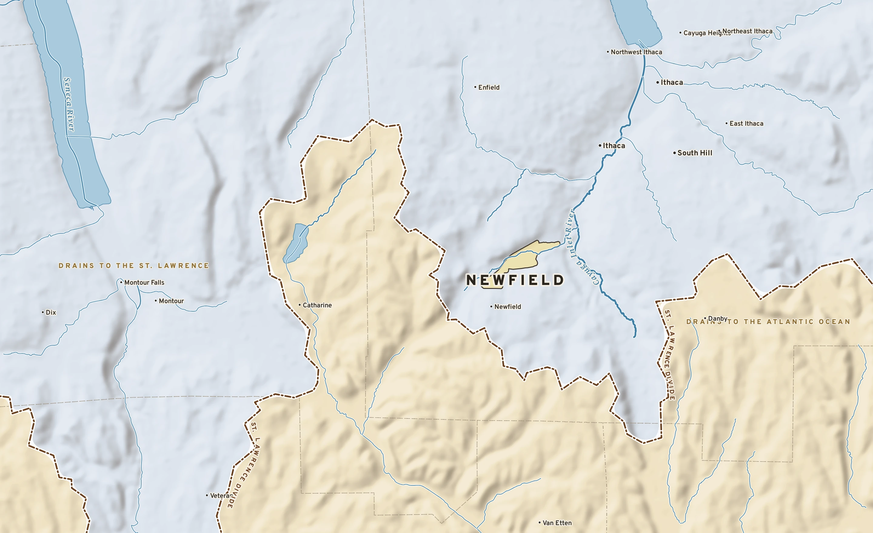 Shaded-relief atlas plate of Newfield, New York: rivers, roads, the city limits and where the water drains.