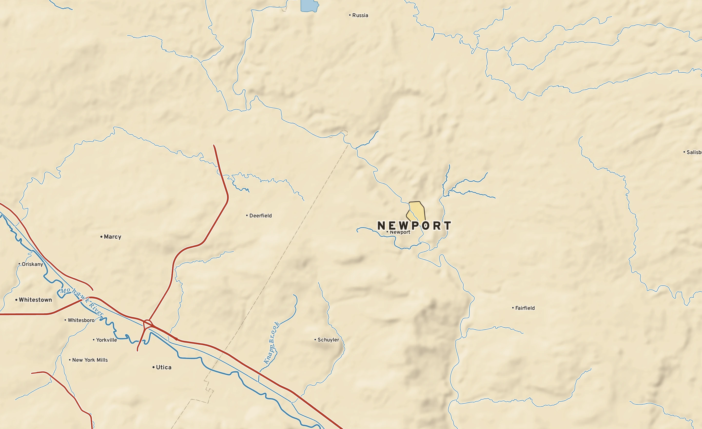 Shaded-relief atlas plate of Newport, New York: rivers, roads, the city limits and where the water drains.