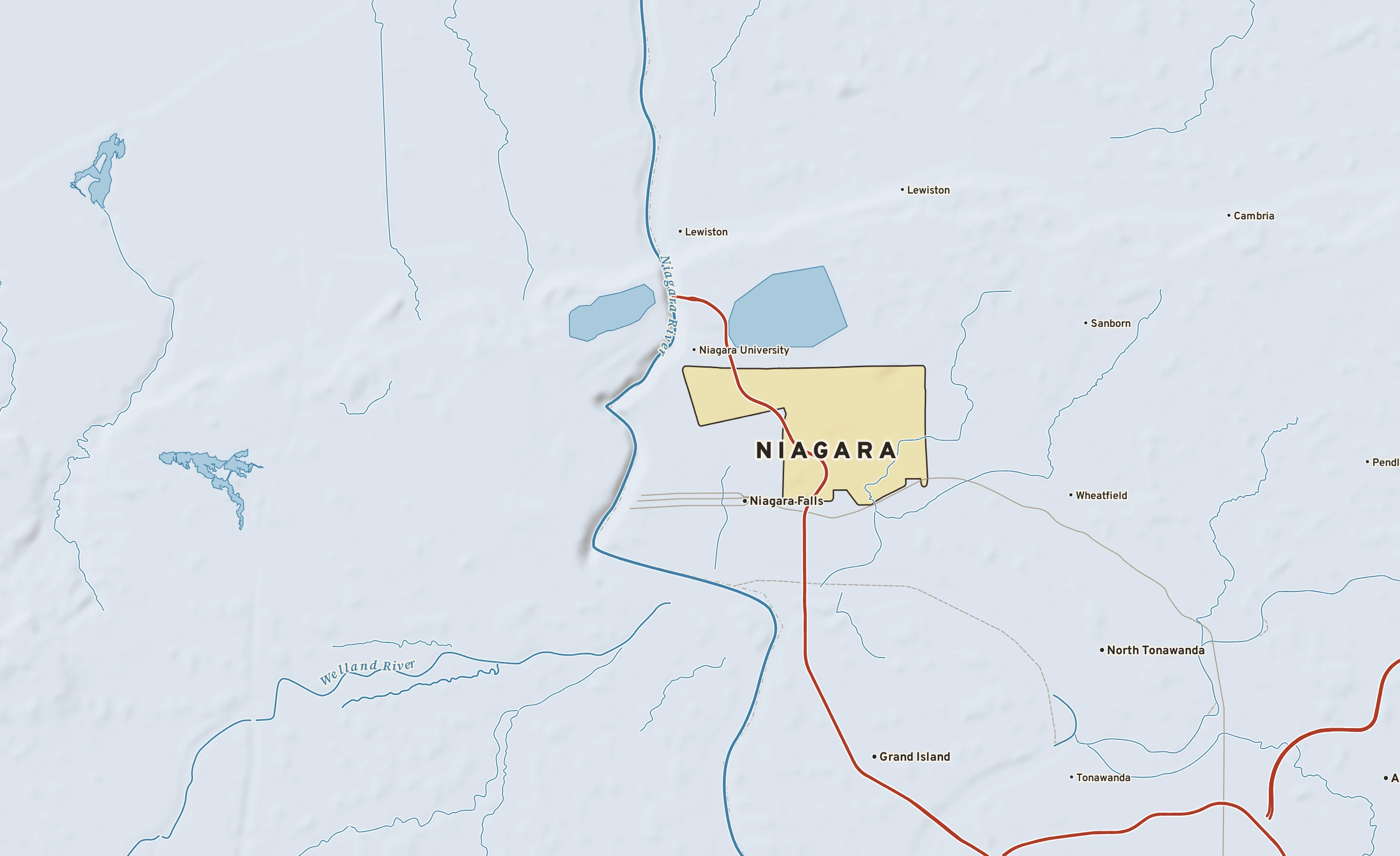 Shaded-relief atlas plate of Niagara, New York: rivers, roads, the city limits and where the water drains.