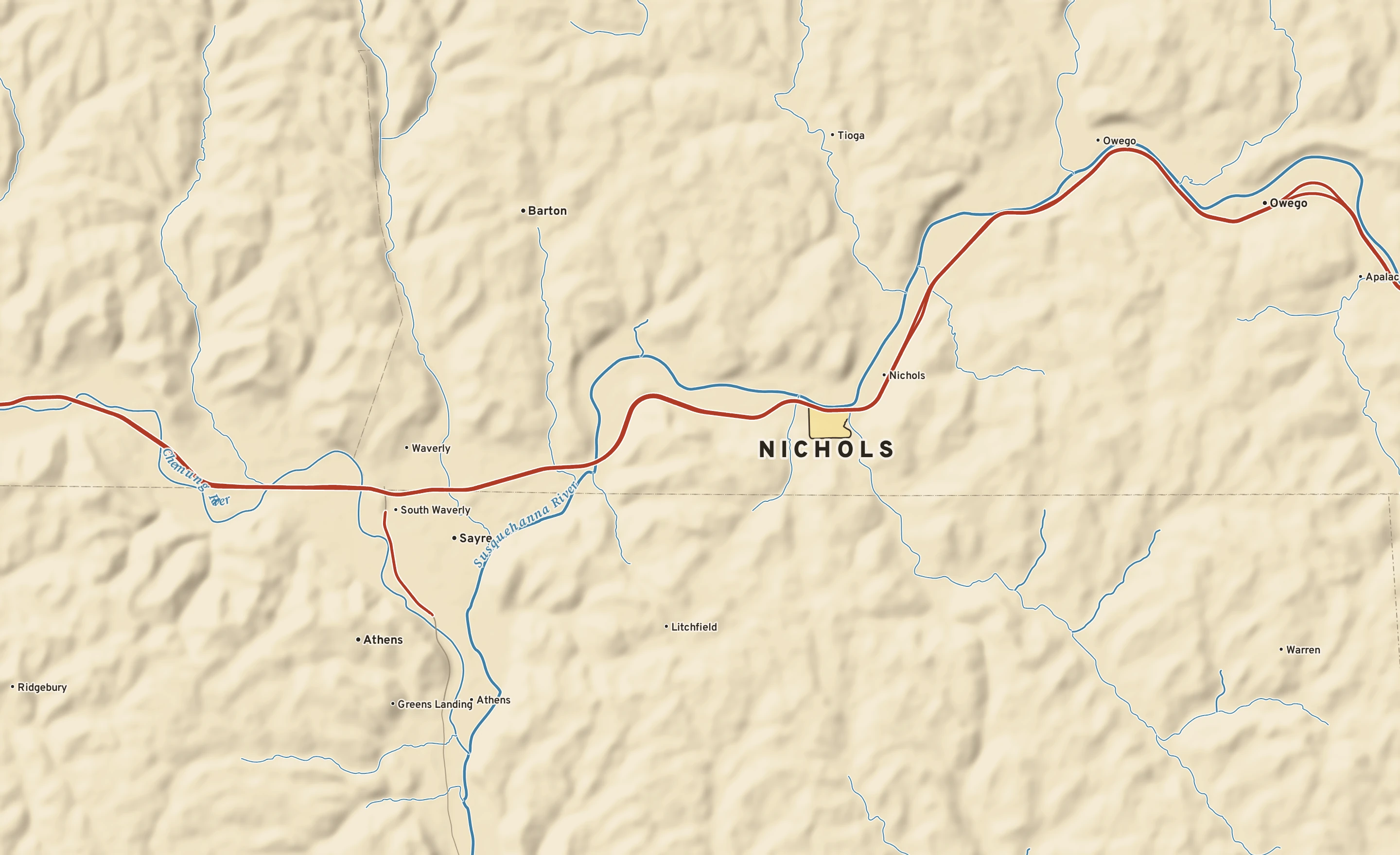 Shaded-relief atlas plate of Nichols, New York: rivers, roads, the city limits and where the water drains.