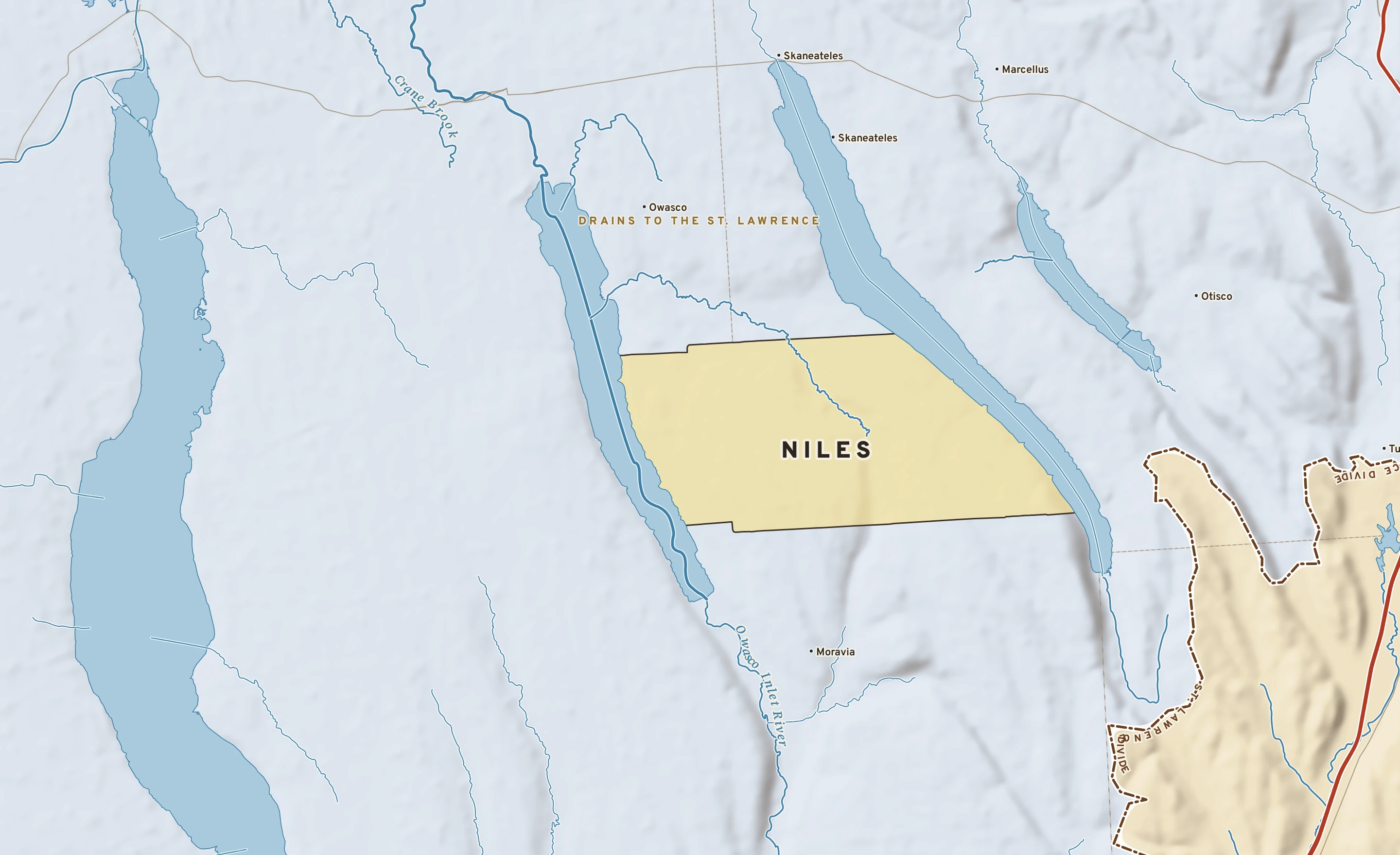 Shaded-relief atlas plate of Niles, New York: rivers, roads, the city limits and where the water drains.