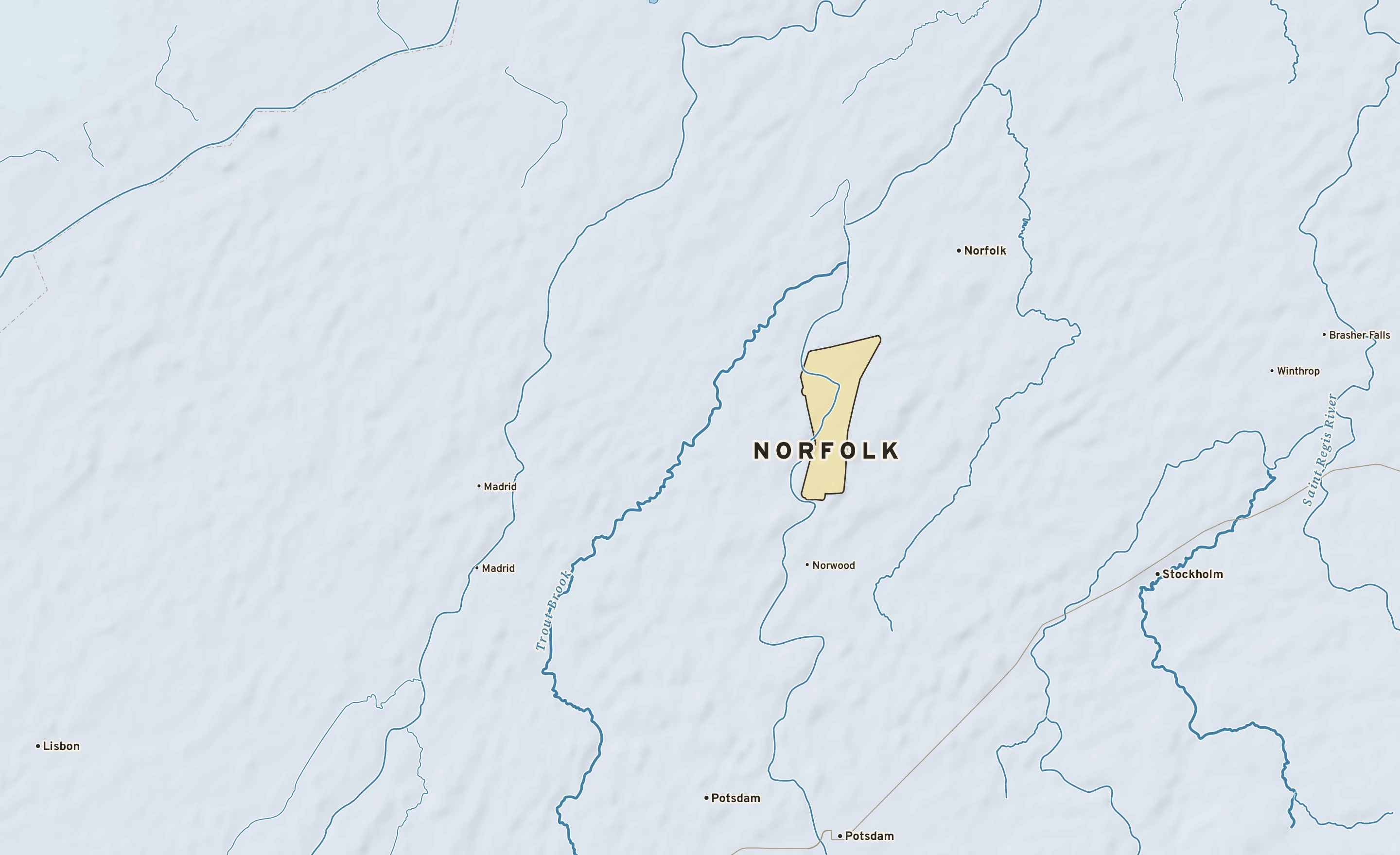 Shaded-relief atlas plate of Norfolk, New York: rivers, roads, the city limits and where the water drains.