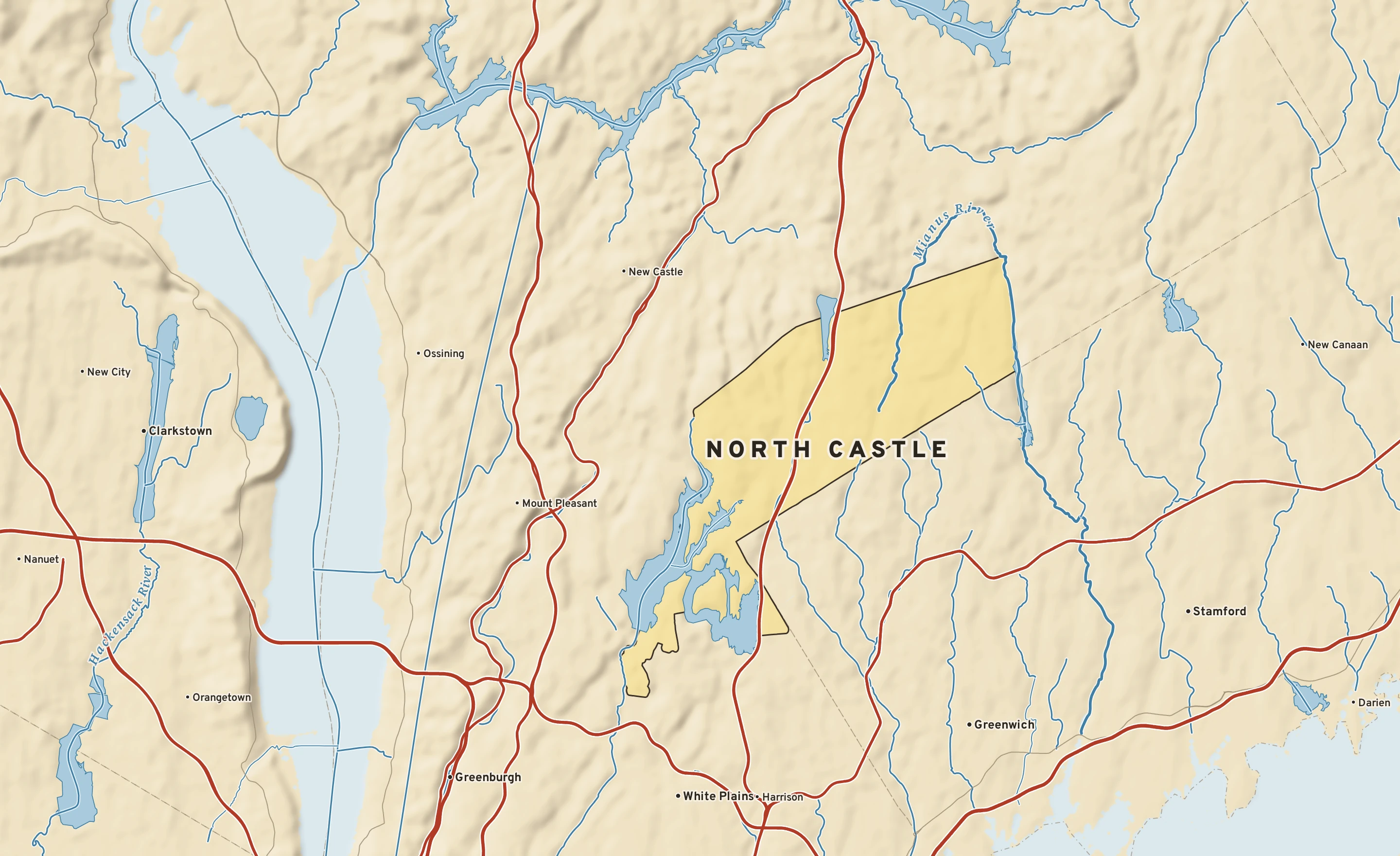 Shaded-relief atlas plate of North Castle, New York: rivers, roads, the city limits and where the water drains.