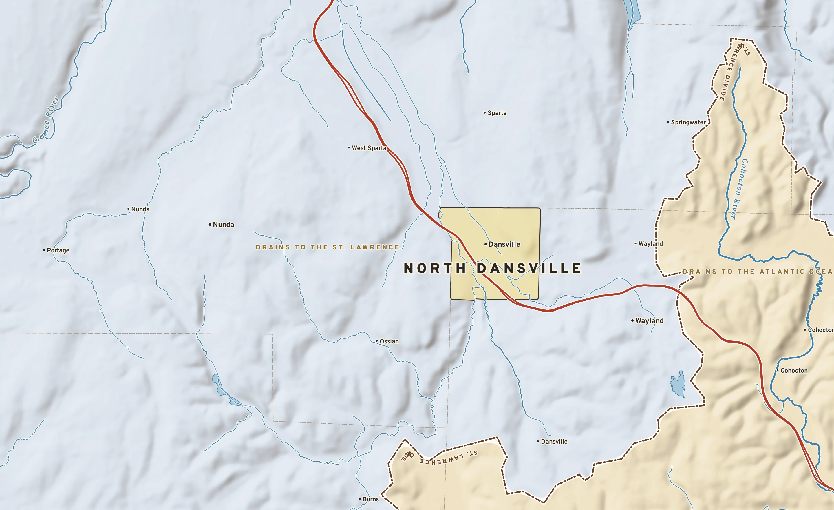 Shaded-relief atlas plate of North Dansville, New York: rivers, roads, the city limits and where the water drains.
