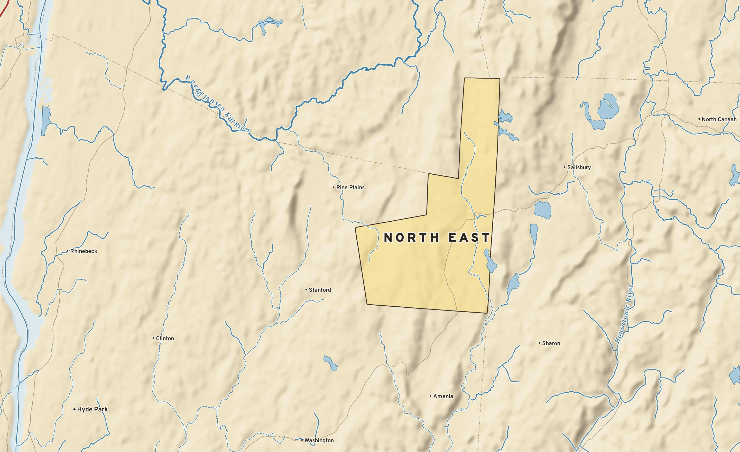 Shaded-relief atlas plate of North East, New York: rivers, roads, the city limits and where the water drains.