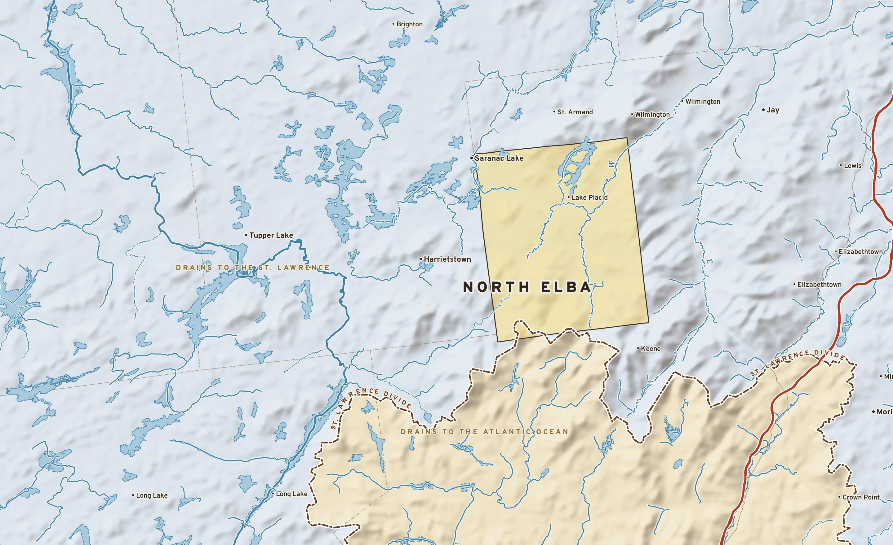 Shaded-relief atlas plate of North Elba, New York: rivers, roads, the city limits and where the water drains.