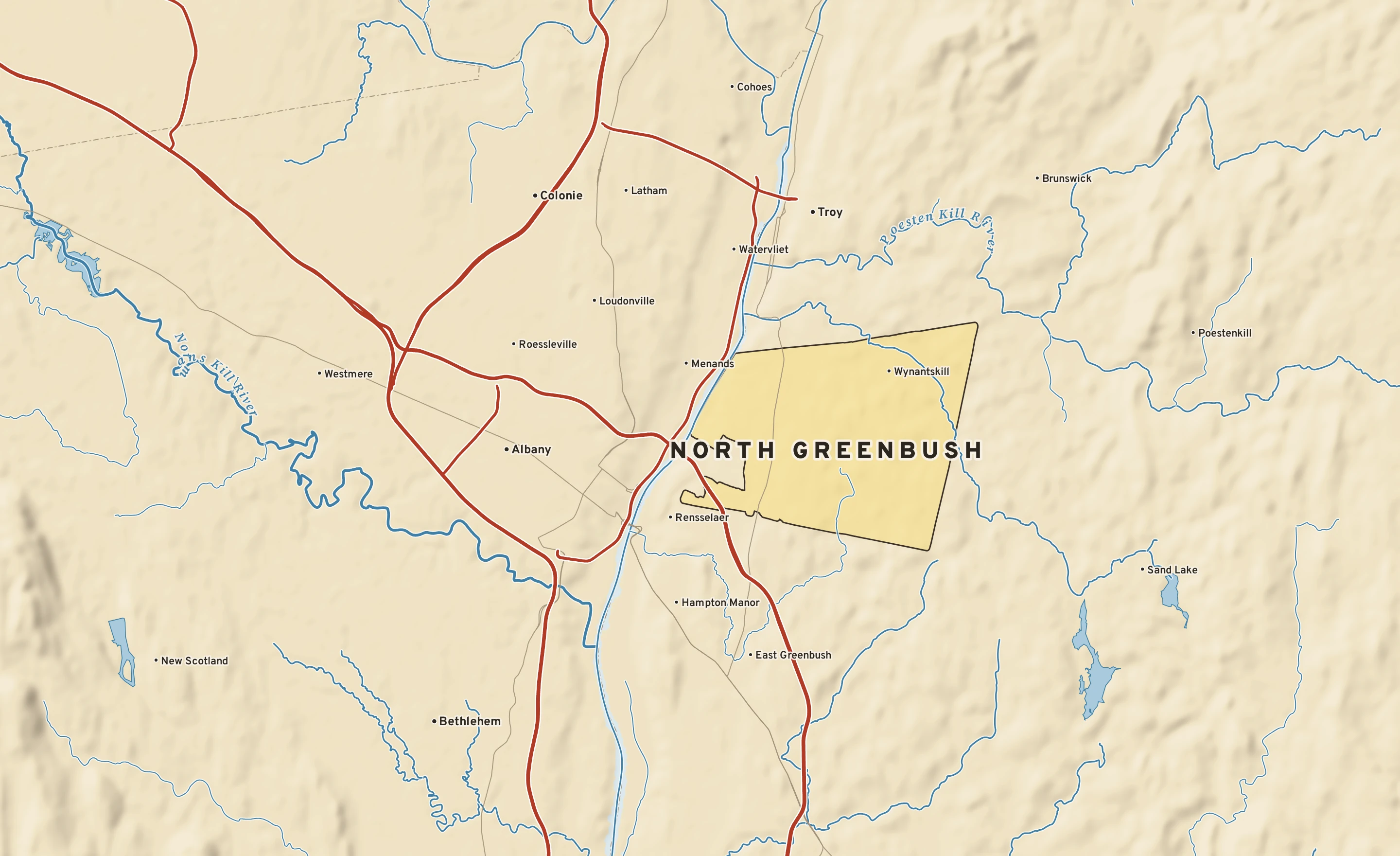Shaded-relief atlas plate of North Greenbush, New York: rivers, roads, the city limits and where the water drains.