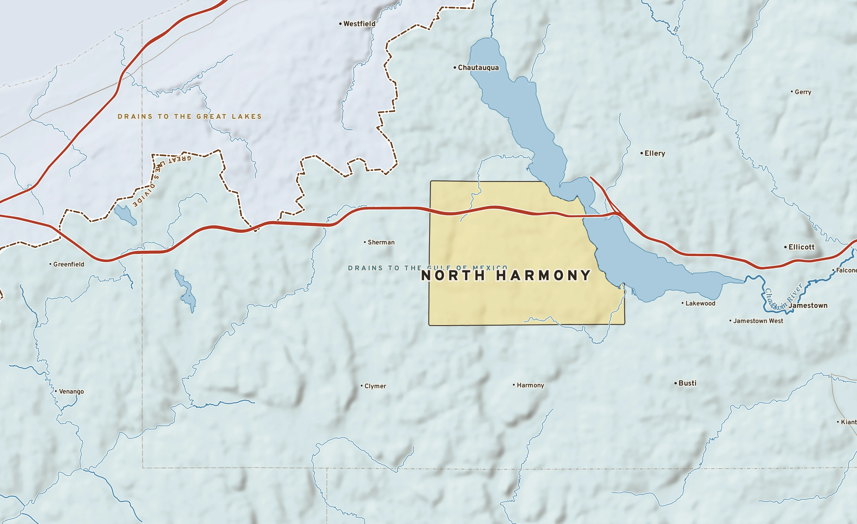 Shaded-relief atlas plate of North Harmony, New York: rivers, roads, the city limits and where the water drains.