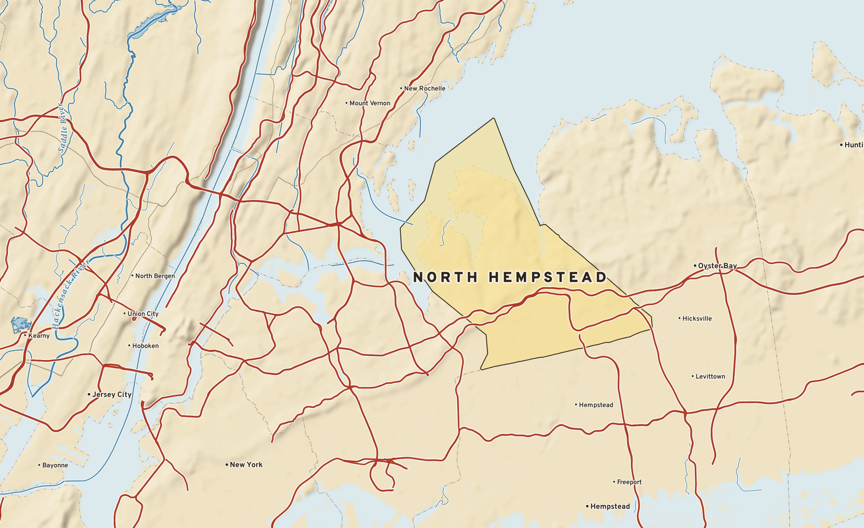 Shaded-relief atlas plate of North Hempstead, New York: rivers, roads, the city limits and where the water drains.