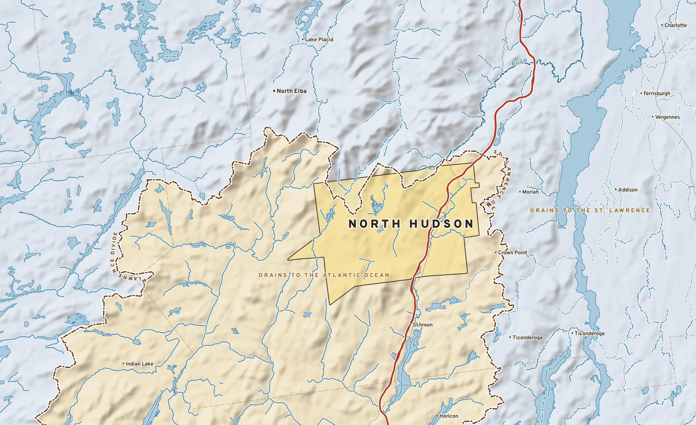 Shaded-relief atlas plate of North Hudson, New York: rivers, roads, the city limits and where the water drains.