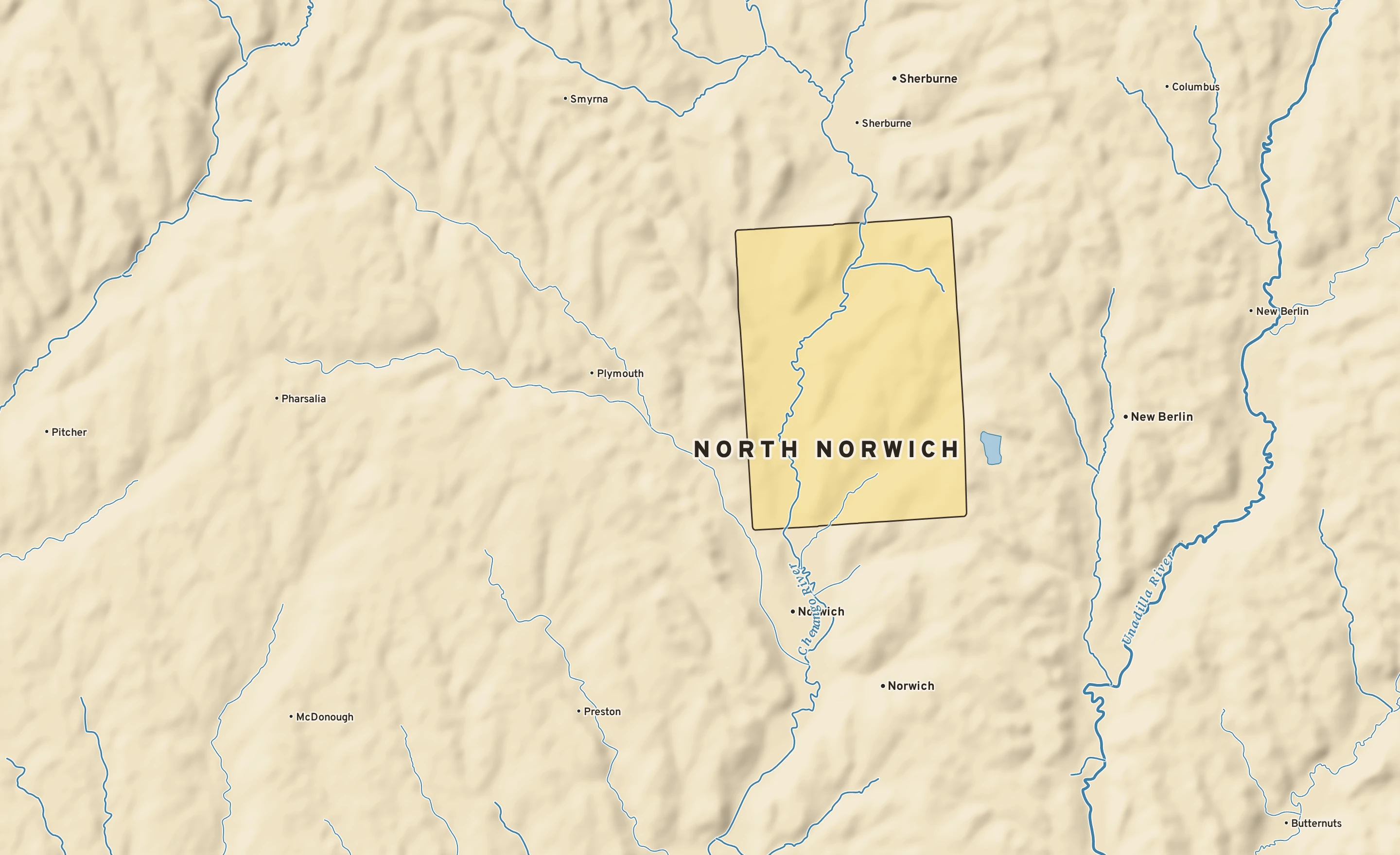 Shaded-relief atlas plate of North Norwich, New York: rivers, roads, the city limits and where the water drains.