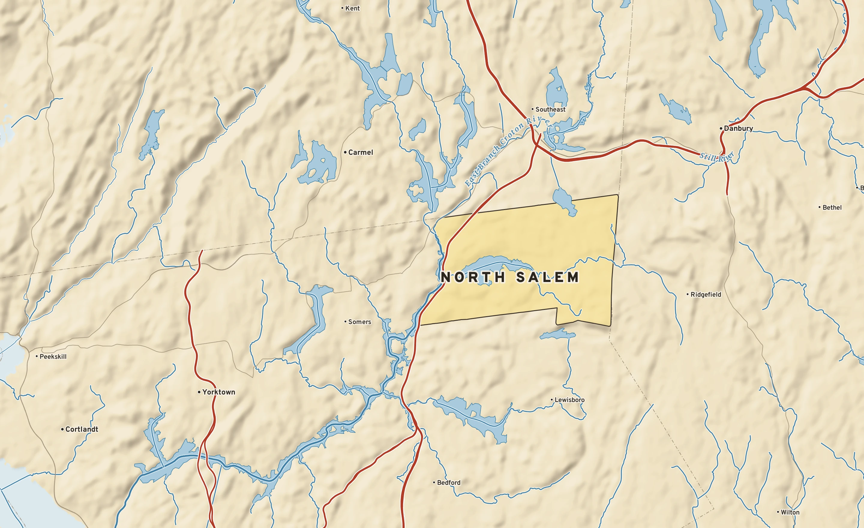 Shaded-relief atlas plate of North Salem, New York: rivers, roads, the city limits and where the water drains.