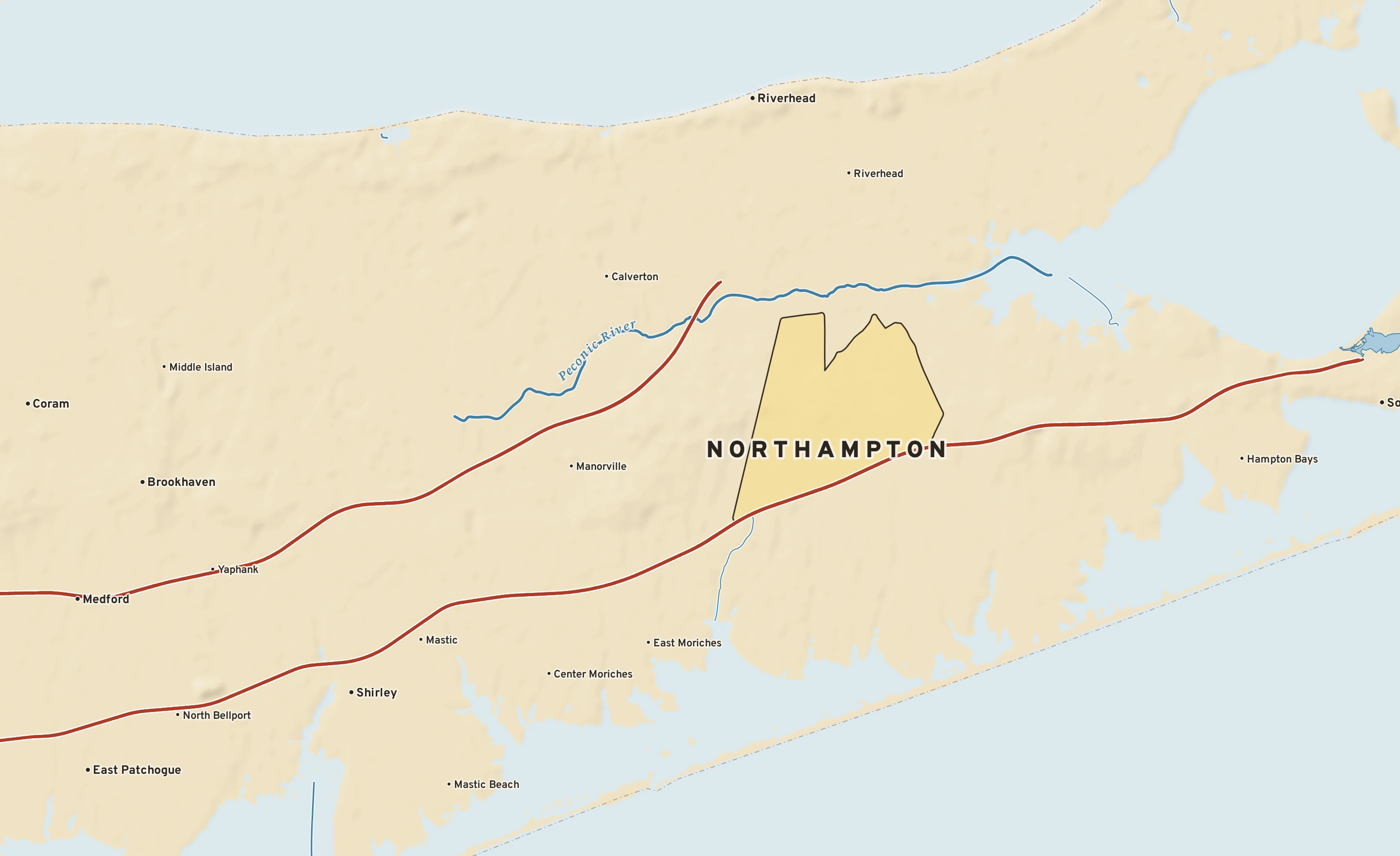 Shaded-relief atlas plate of Northampton, New York: rivers, roads, the city limits and where the water drains.