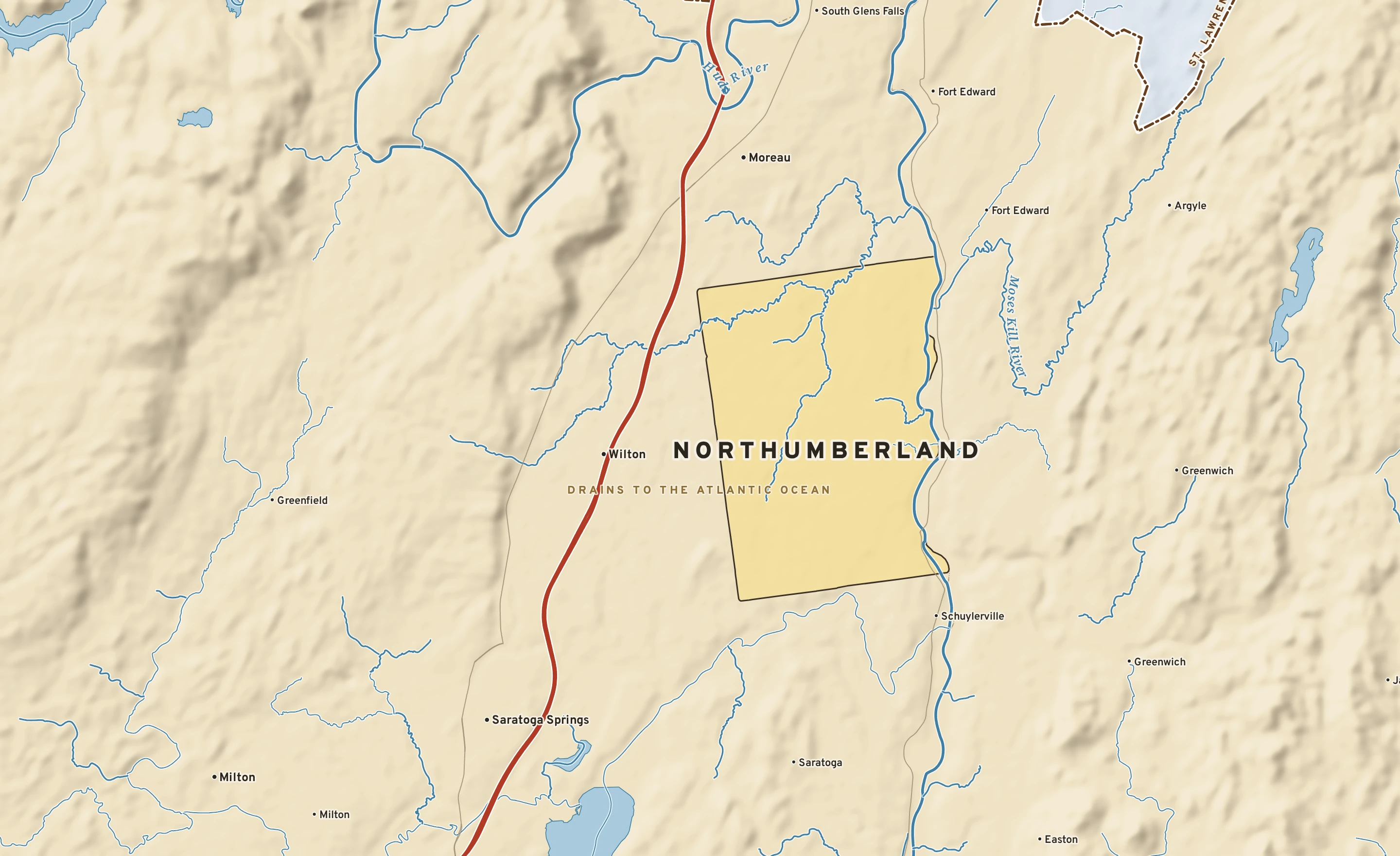 Shaded-relief atlas plate of Northumberland, New York: rivers, roads, the city limits and where the water drains.