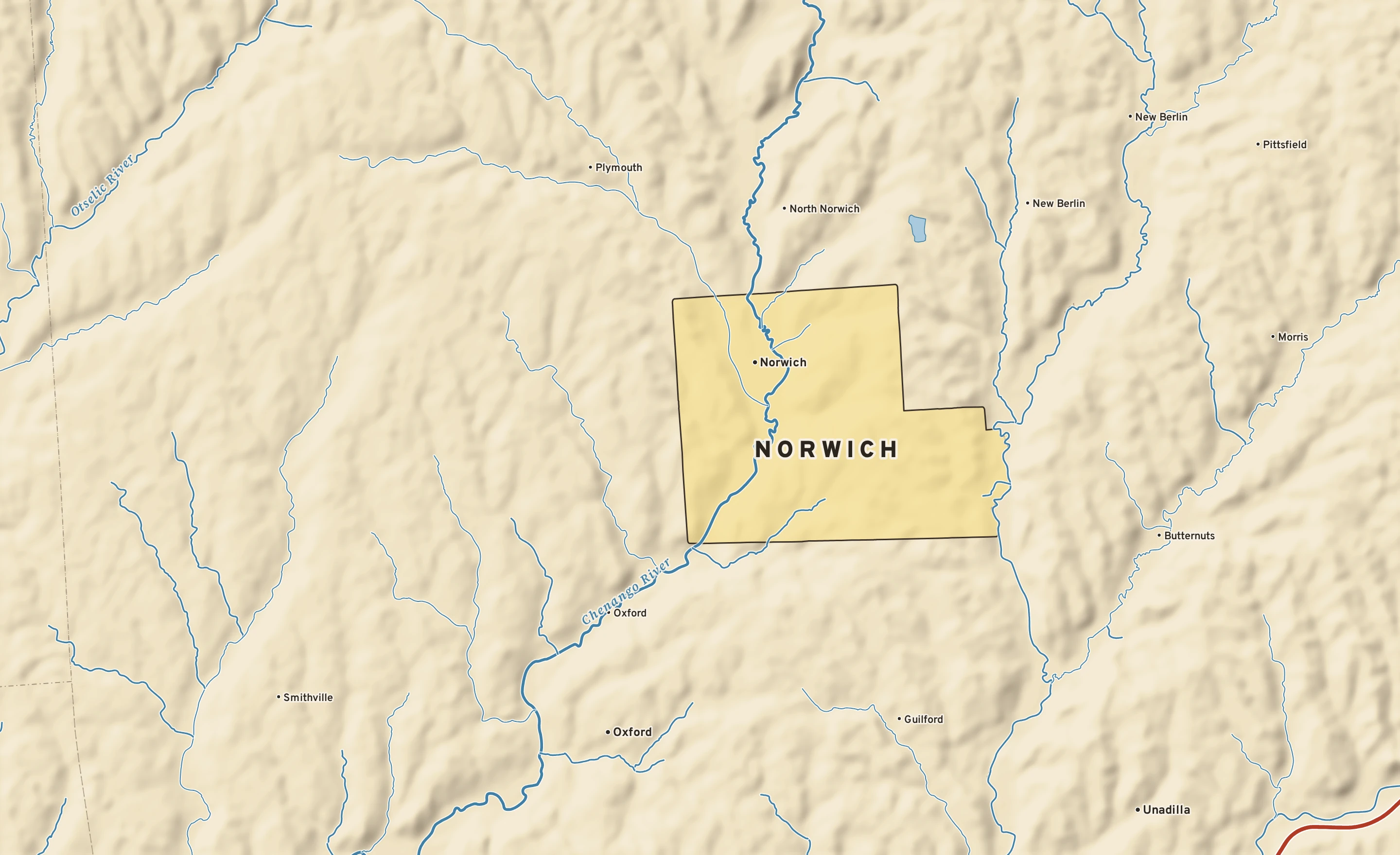 Shaded-relief atlas plate of Norwich, New York: rivers, roads, the city limits and where the water drains.