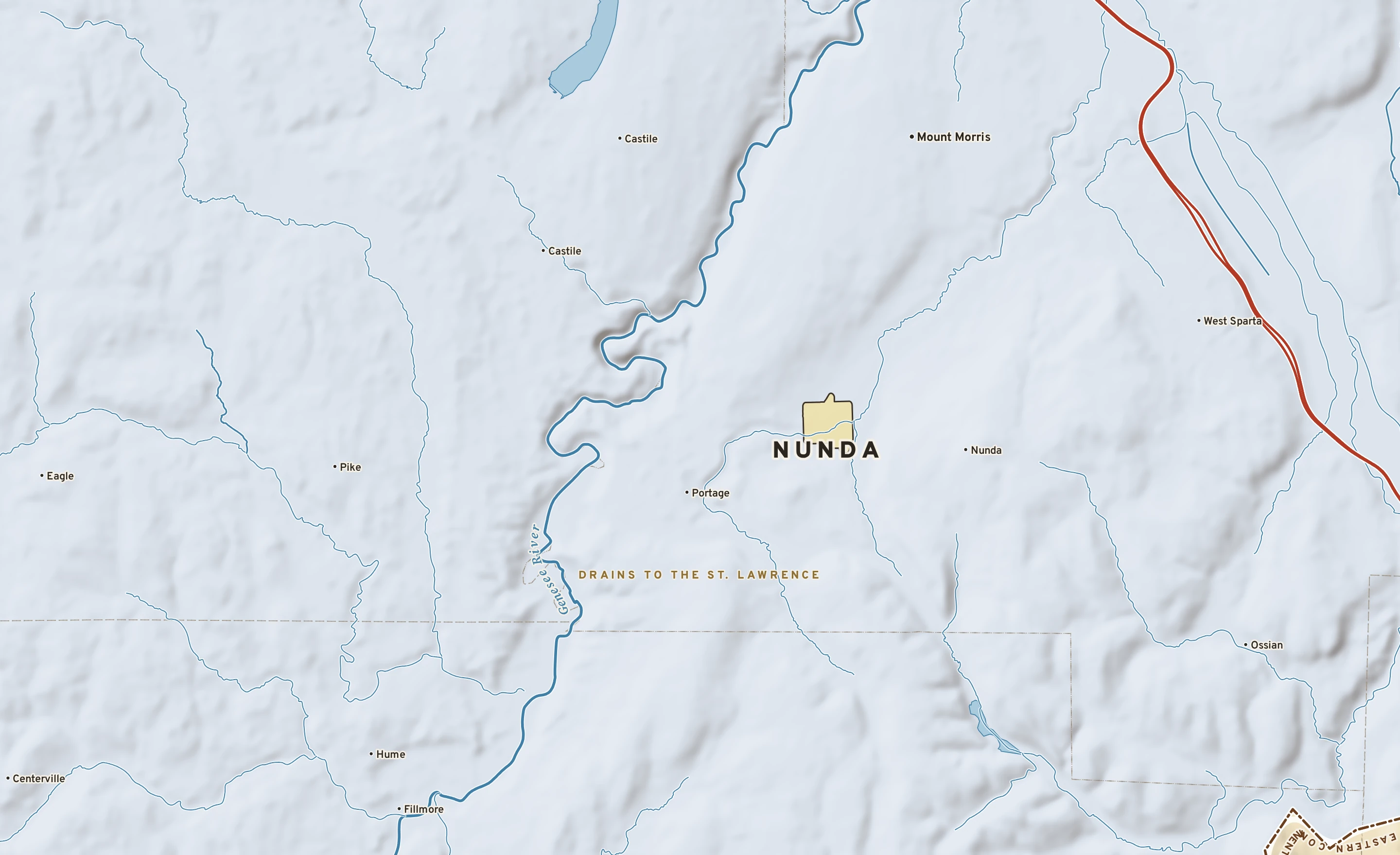 Shaded-relief atlas plate of Nunda, New York: rivers, roads, the city limits and where the water drains.