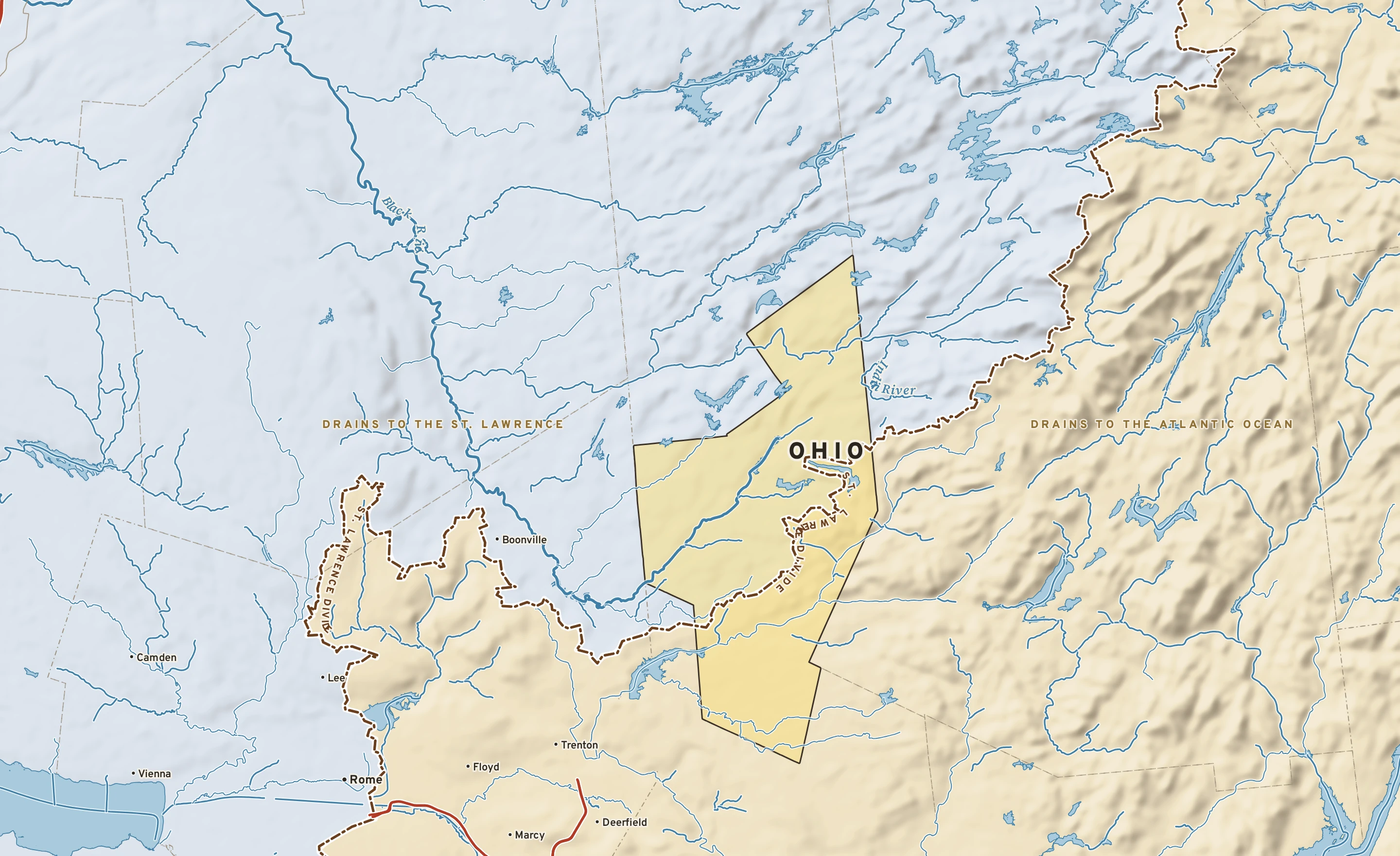 Shaded-relief atlas plate of Ohio, New York: rivers, roads, the city limits and where the water drains.