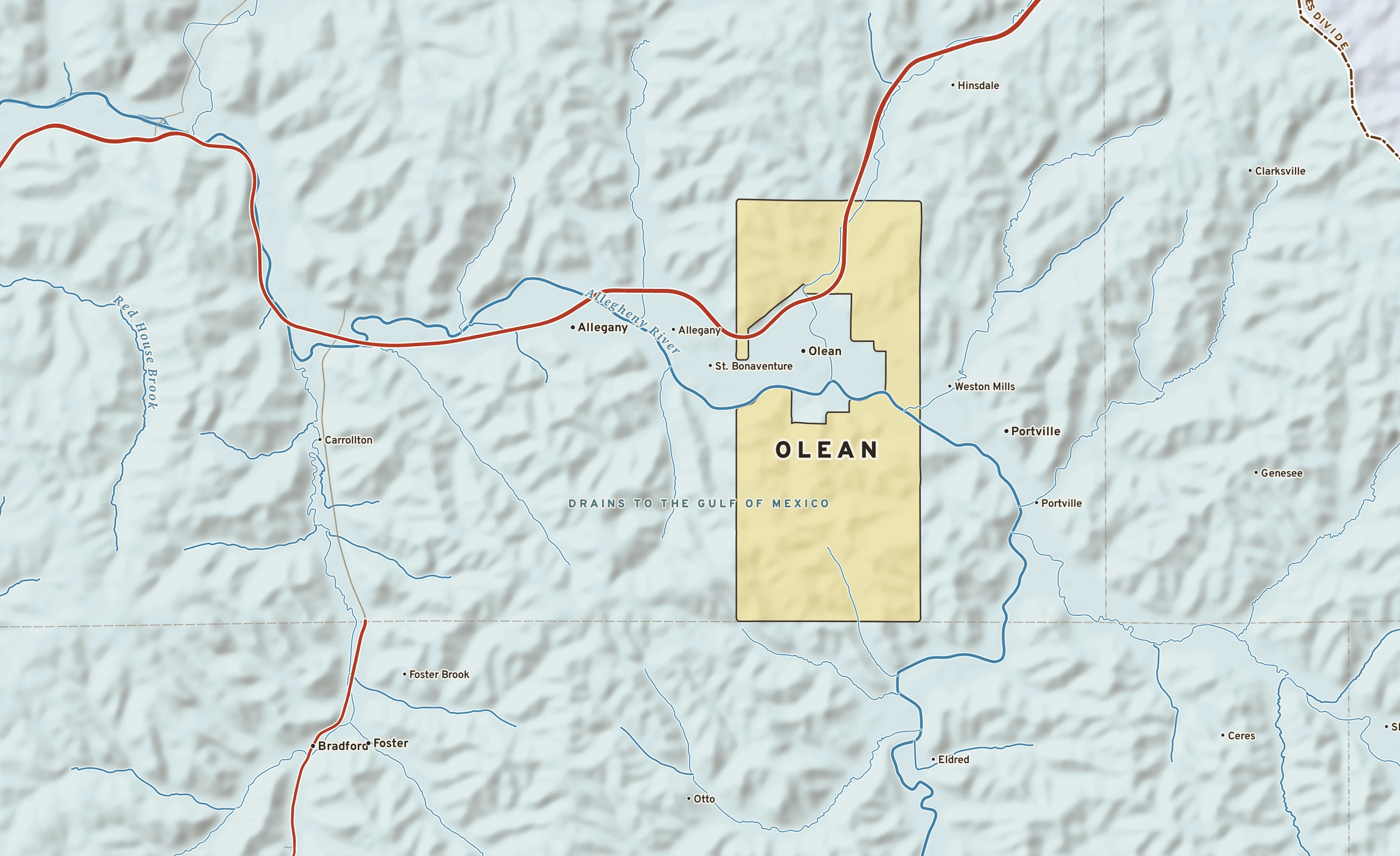Shaded-relief atlas plate of Olean, New York: rivers, roads, the city limits and where the water drains.
