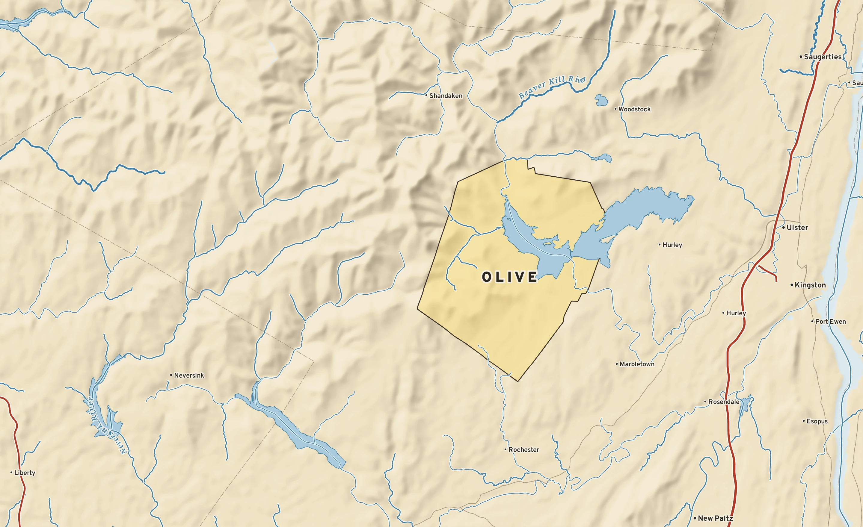 Shaded-relief atlas plate of Olive, New York: rivers, roads, the city limits and where the water drains.