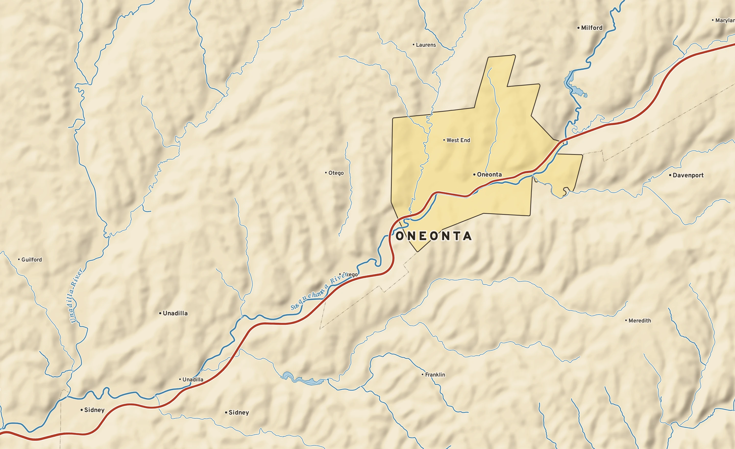 Shaded-relief atlas plate of Oneonta, New York: rivers, roads, the city limits and where the water drains.