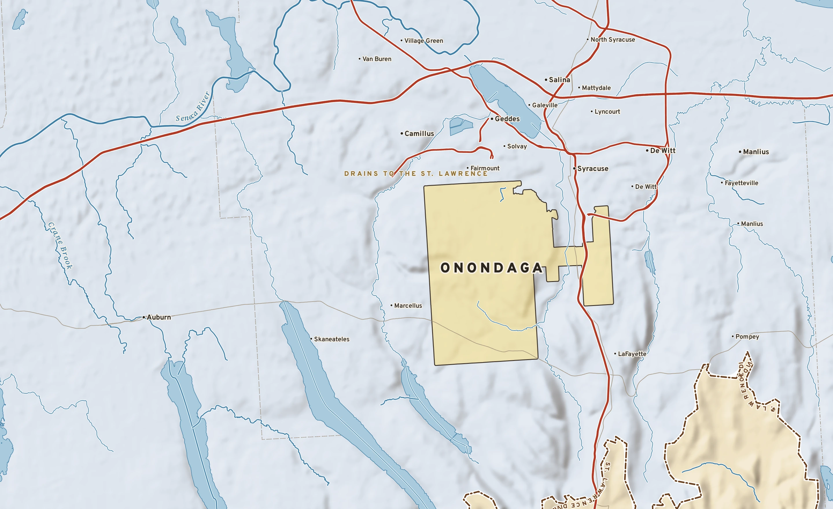 Shaded-relief atlas plate of Onondaga, New York: rivers, roads, the city limits and where the water drains.