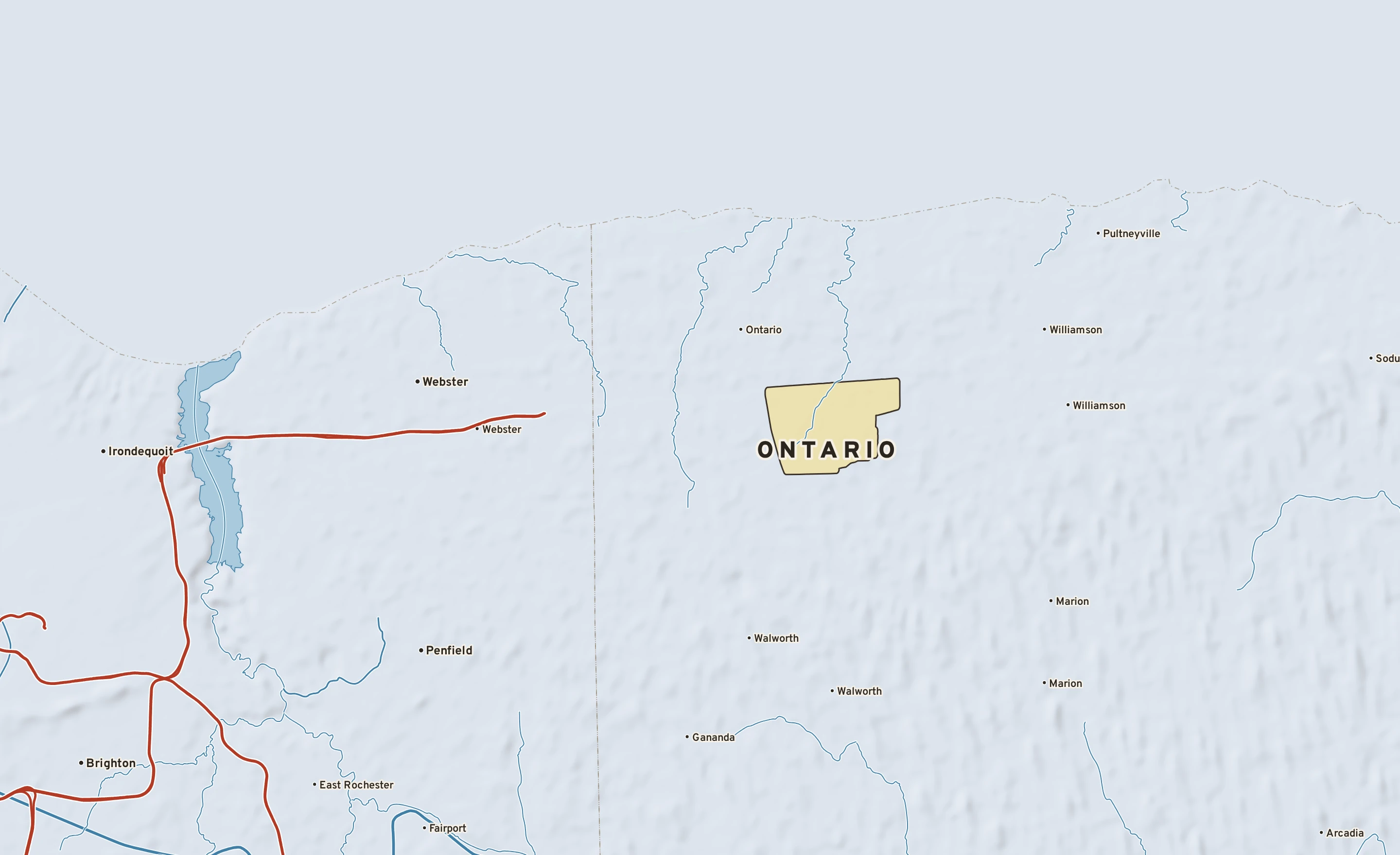 Shaded-relief atlas plate of Ontario, New York: rivers, roads, the city limits and where the water drains.