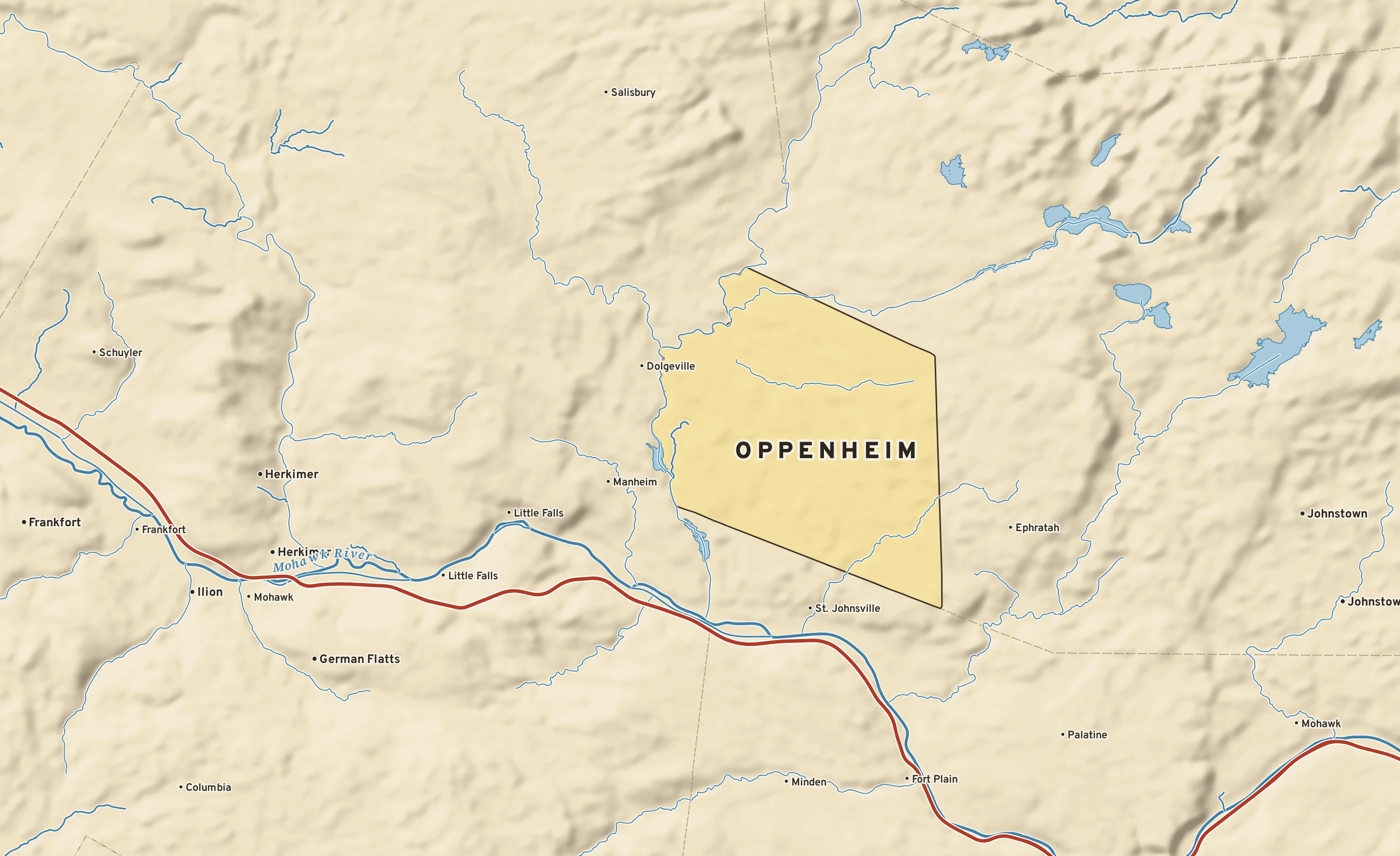 Shaded-relief atlas plate of Oppenheim, New York: rivers, roads, the city limits and where the water drains.