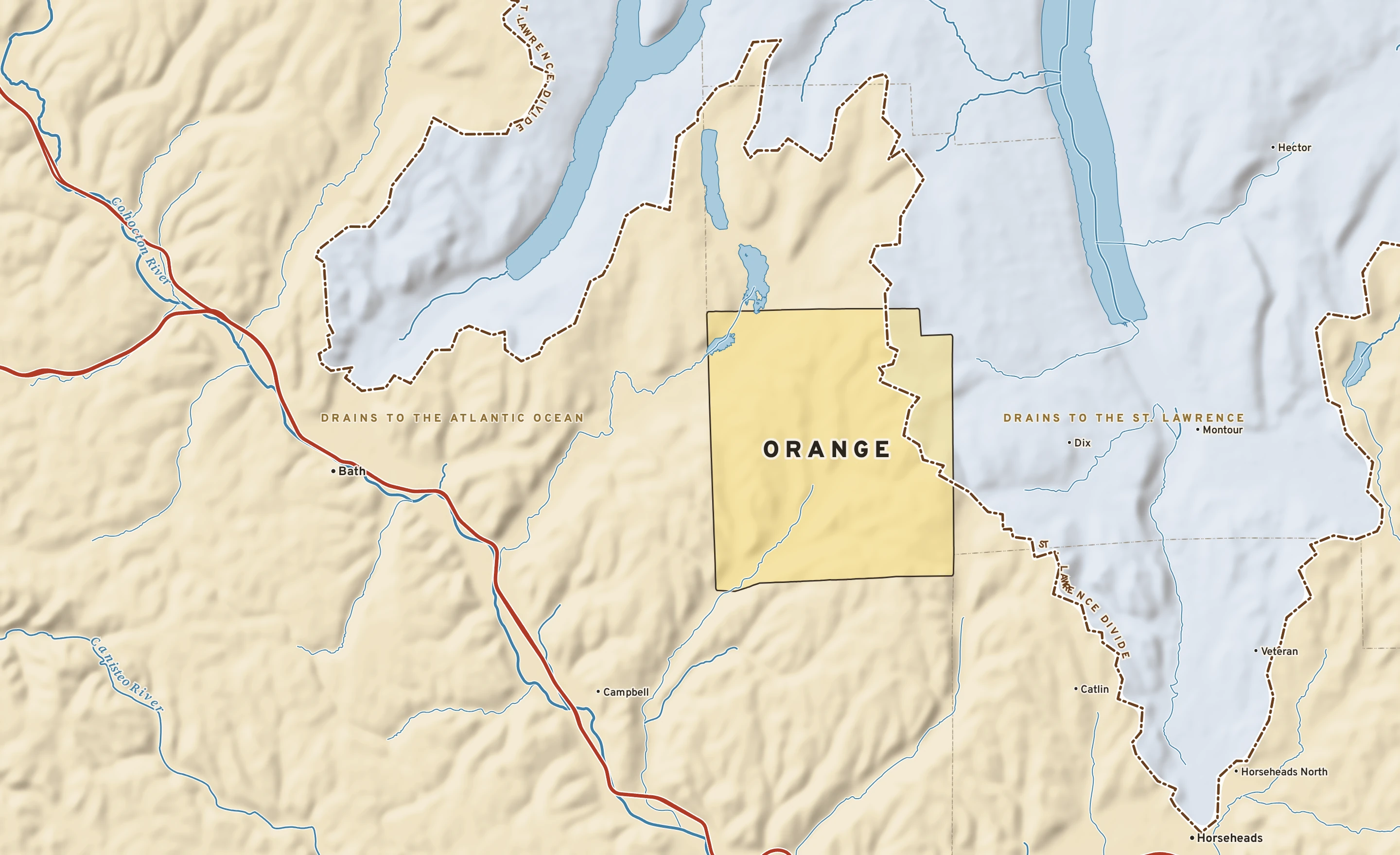 Shaded-relief atlas plate of Orange, New York: rivers, roads, the city limits and where the water drains.