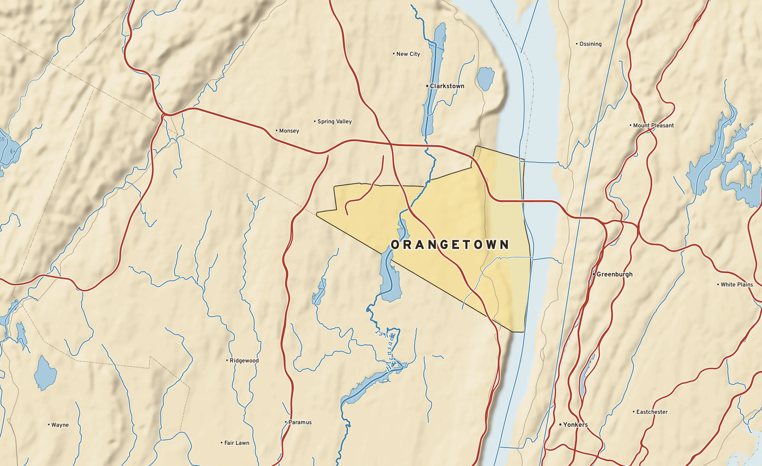 Shaded-relief atlas plate of Orangetown, New York: rivers, roads, the city limits and where the water drains.