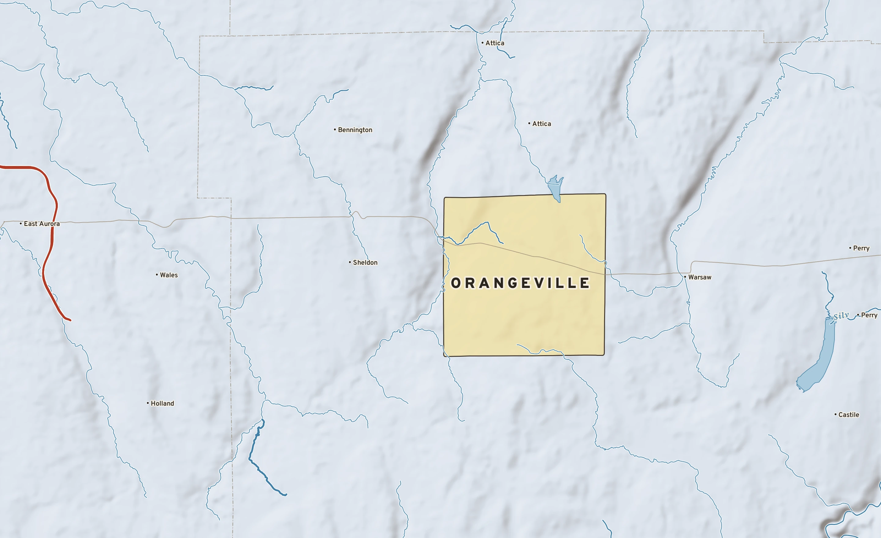 Shaded-relief atlas plate of Orangeville, New York: rivers, roads, the city limits and where the water drains.