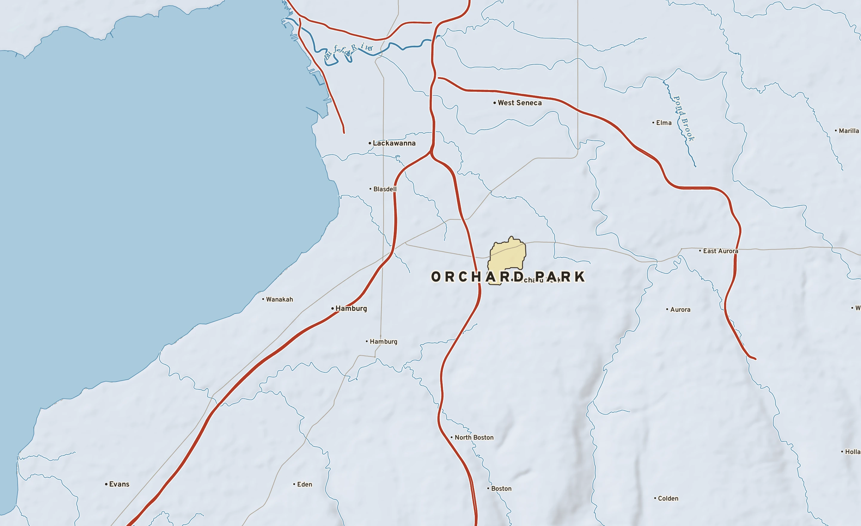 Shaded-relief atlas plate of Orchard Park, New York: rivers, roads, the city limits and where the water drains.