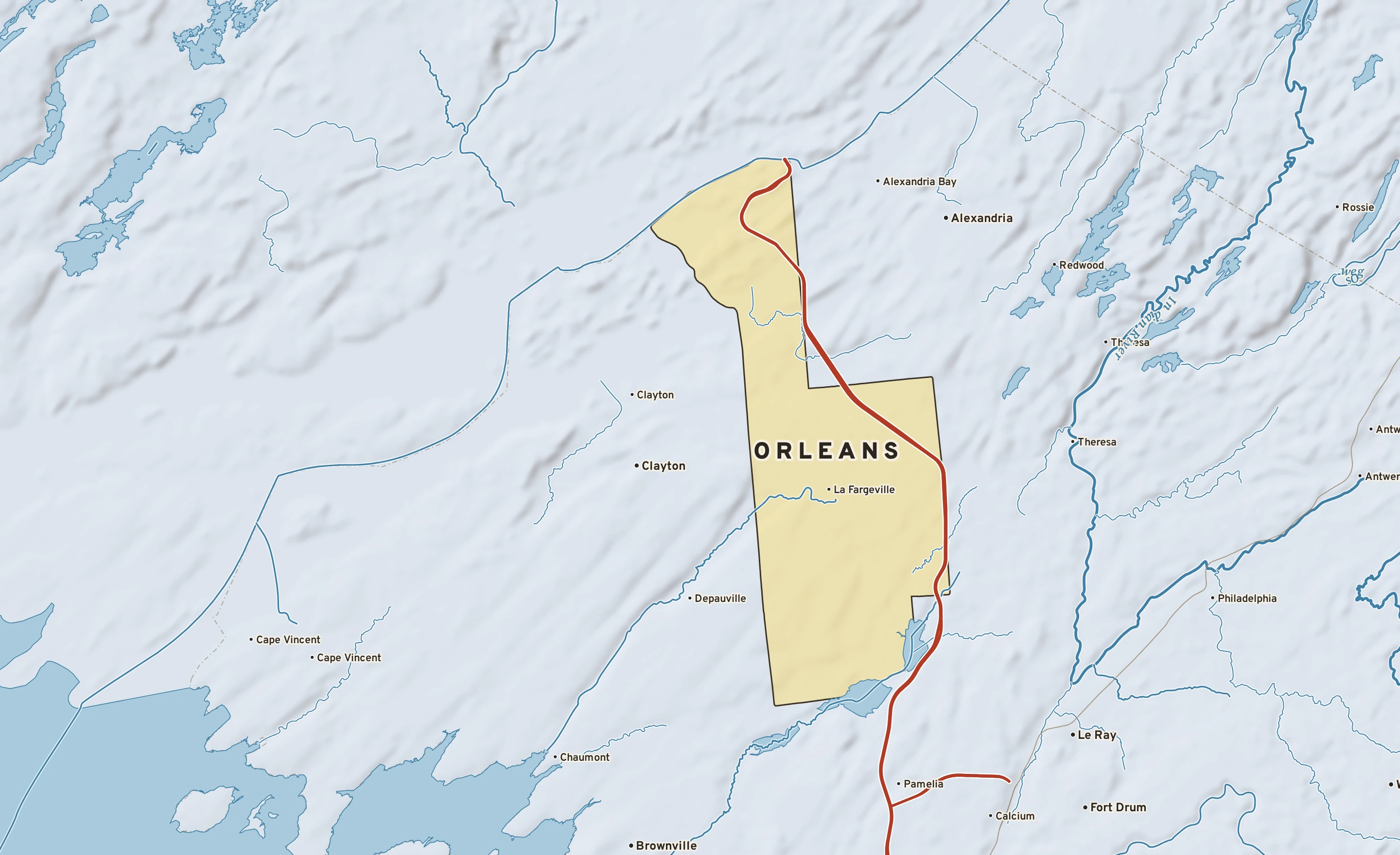 Shaded-relief atlas plate of Orleans, New York: rivers, roads, the city limits and where the water drains.