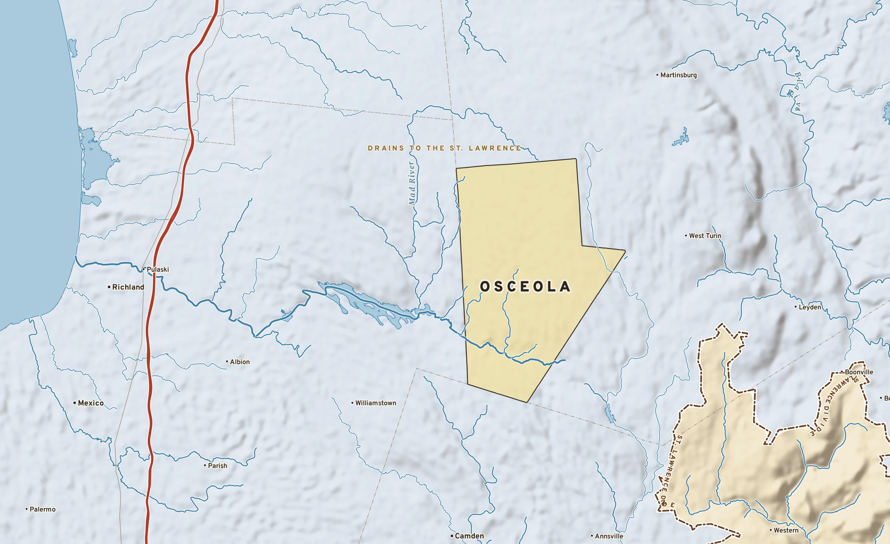 Shaded-relief atlas plate of Osceola, New York: rivers, roads, the city limits and where the water drains.