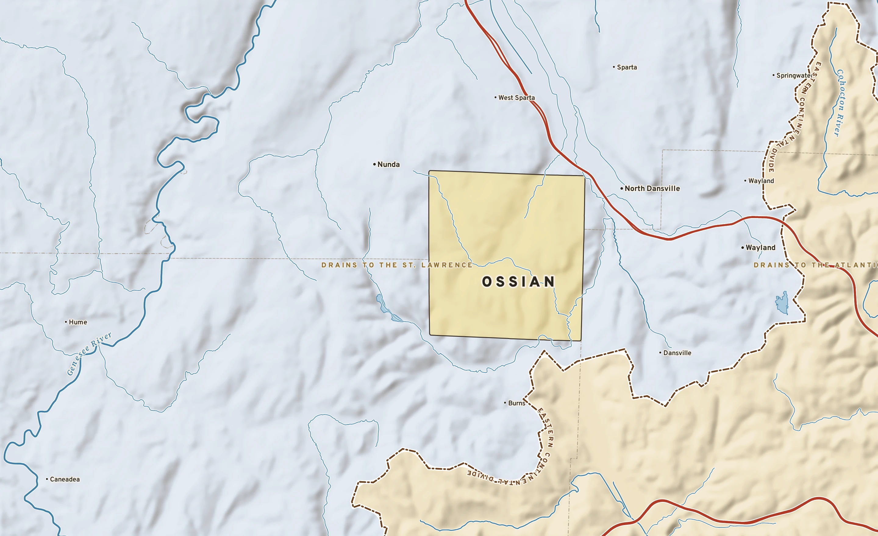Shaded-relief atlas plate of Ossian, New York: rivers, roads, the city limits and where the water drains.
