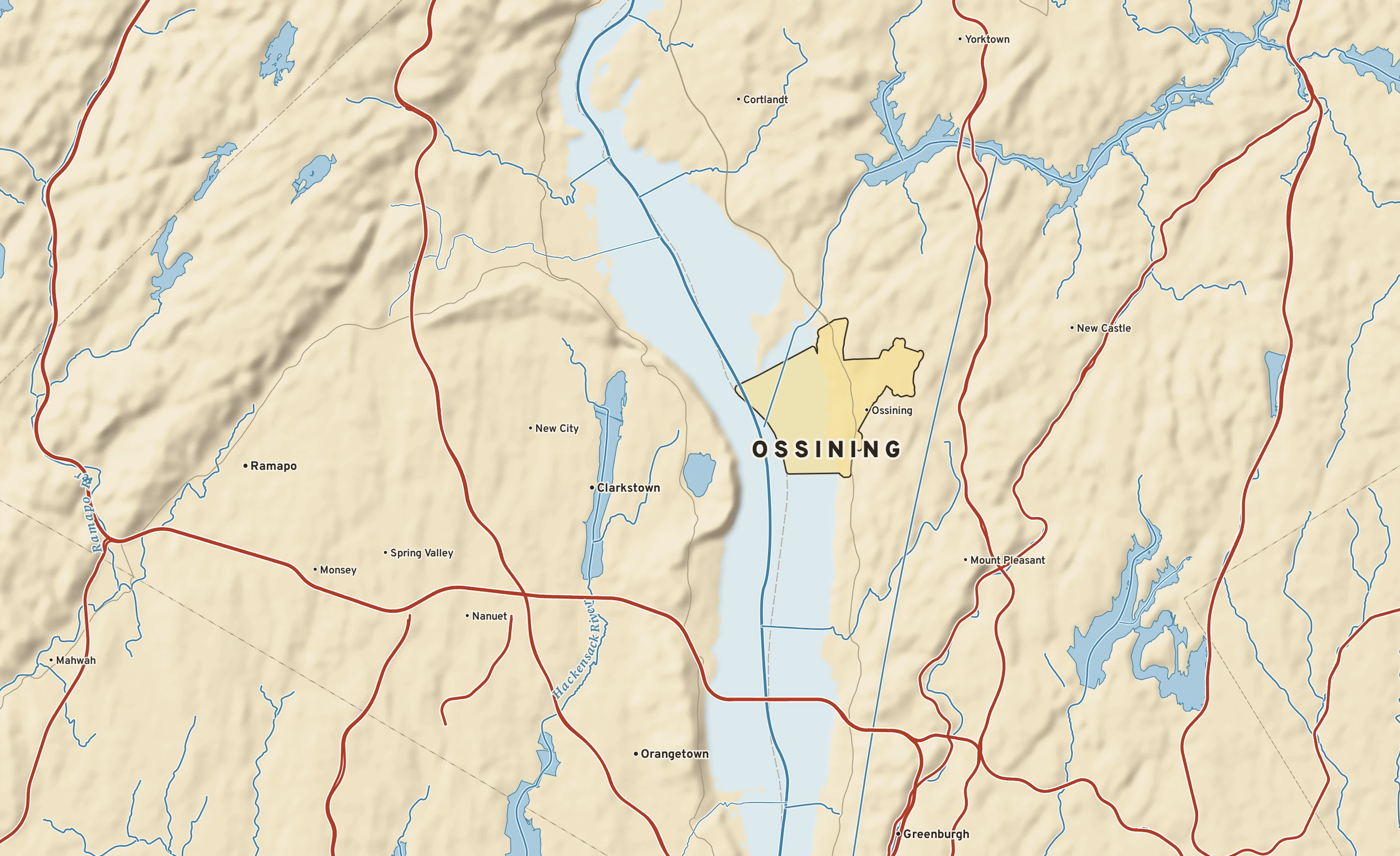 Shaded-relief atlas plate of Ossining, New York: rivers, roads, the city limits and where the water drains.