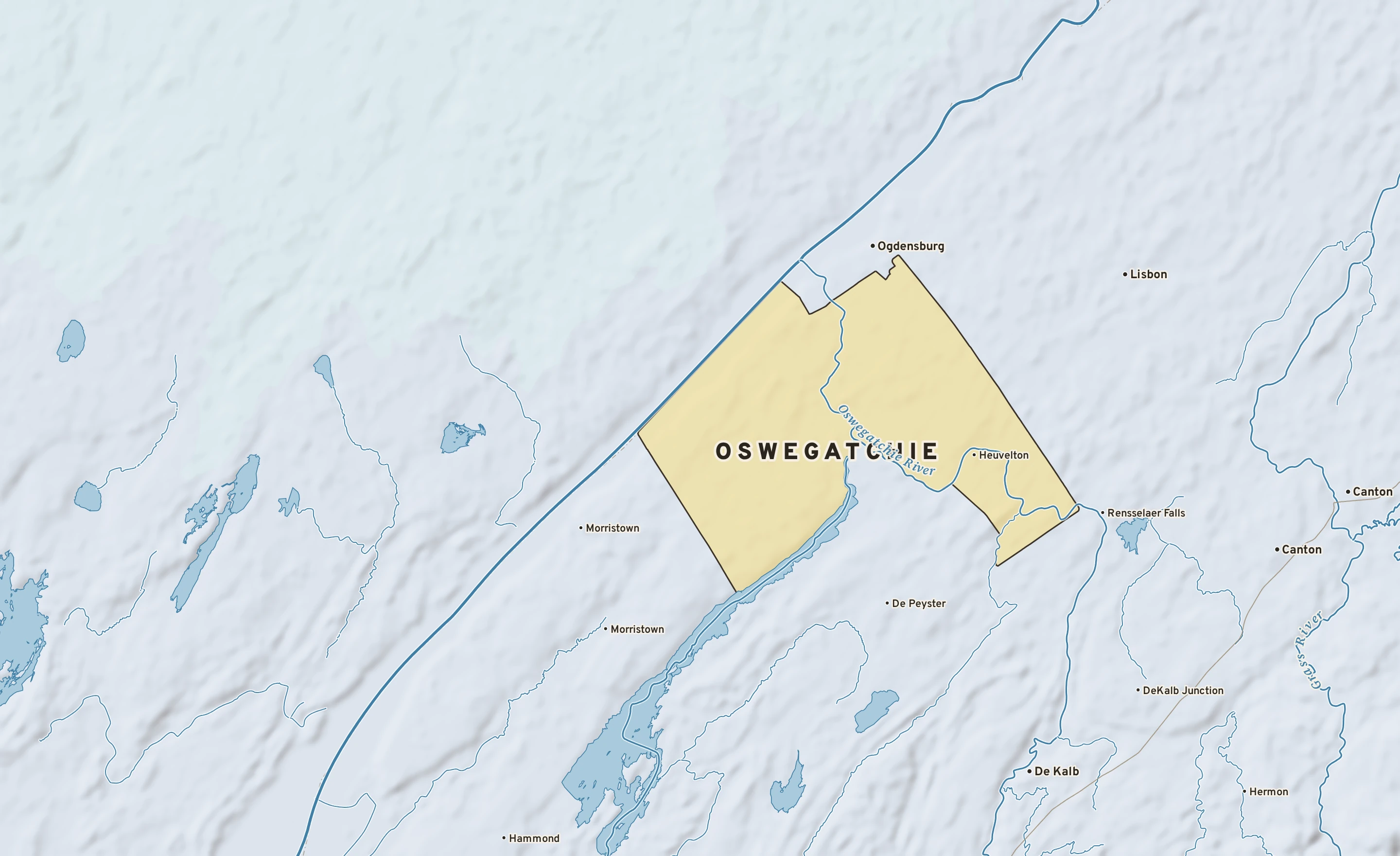 Shaded-relief atlas plate of Oswegatchie, New York: rivers, roads, the city limits and where the water drains.
