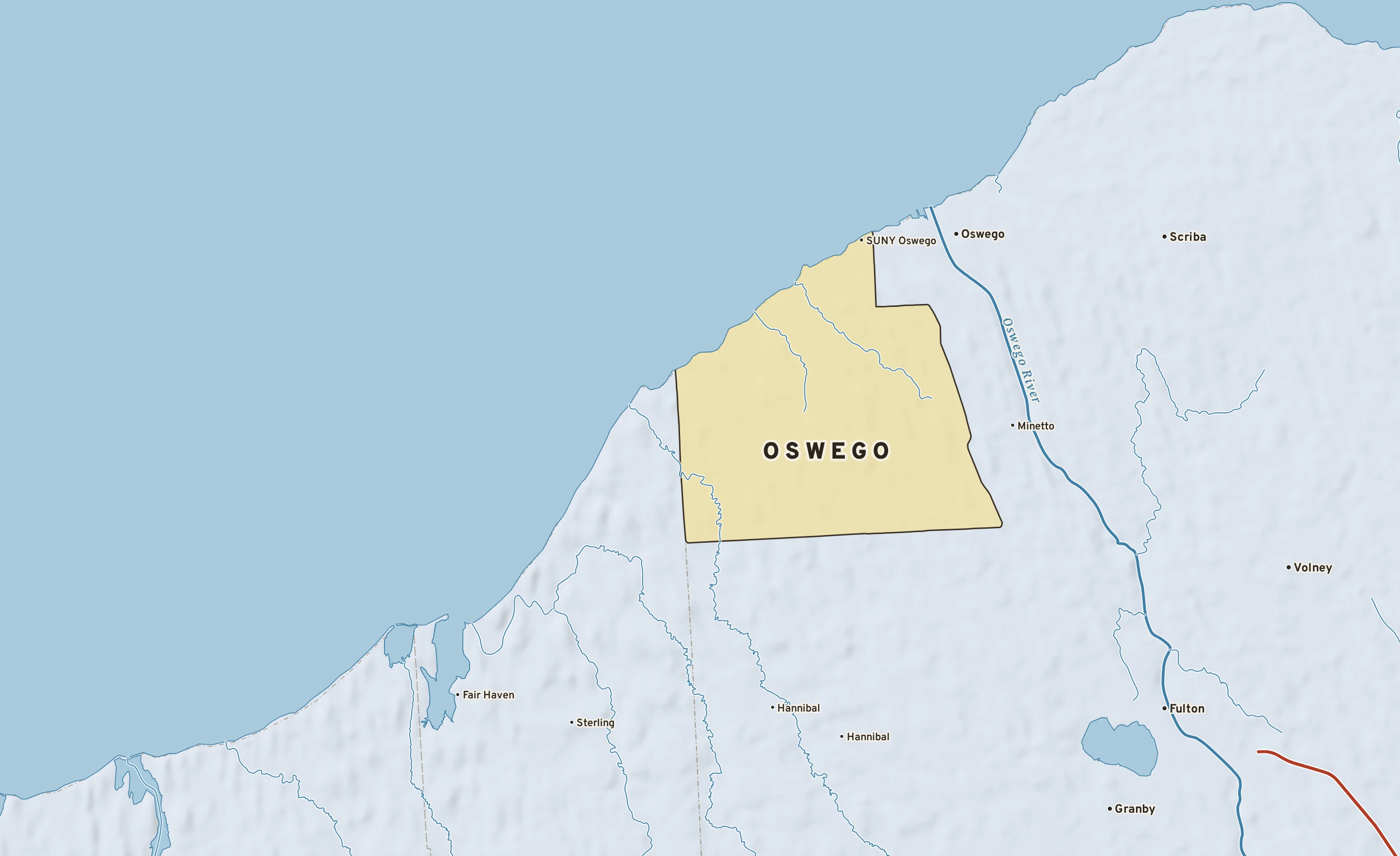 Shaded-relief atlas plate of Oswego, New York: rivers, roads, the city limits and where the water drains.