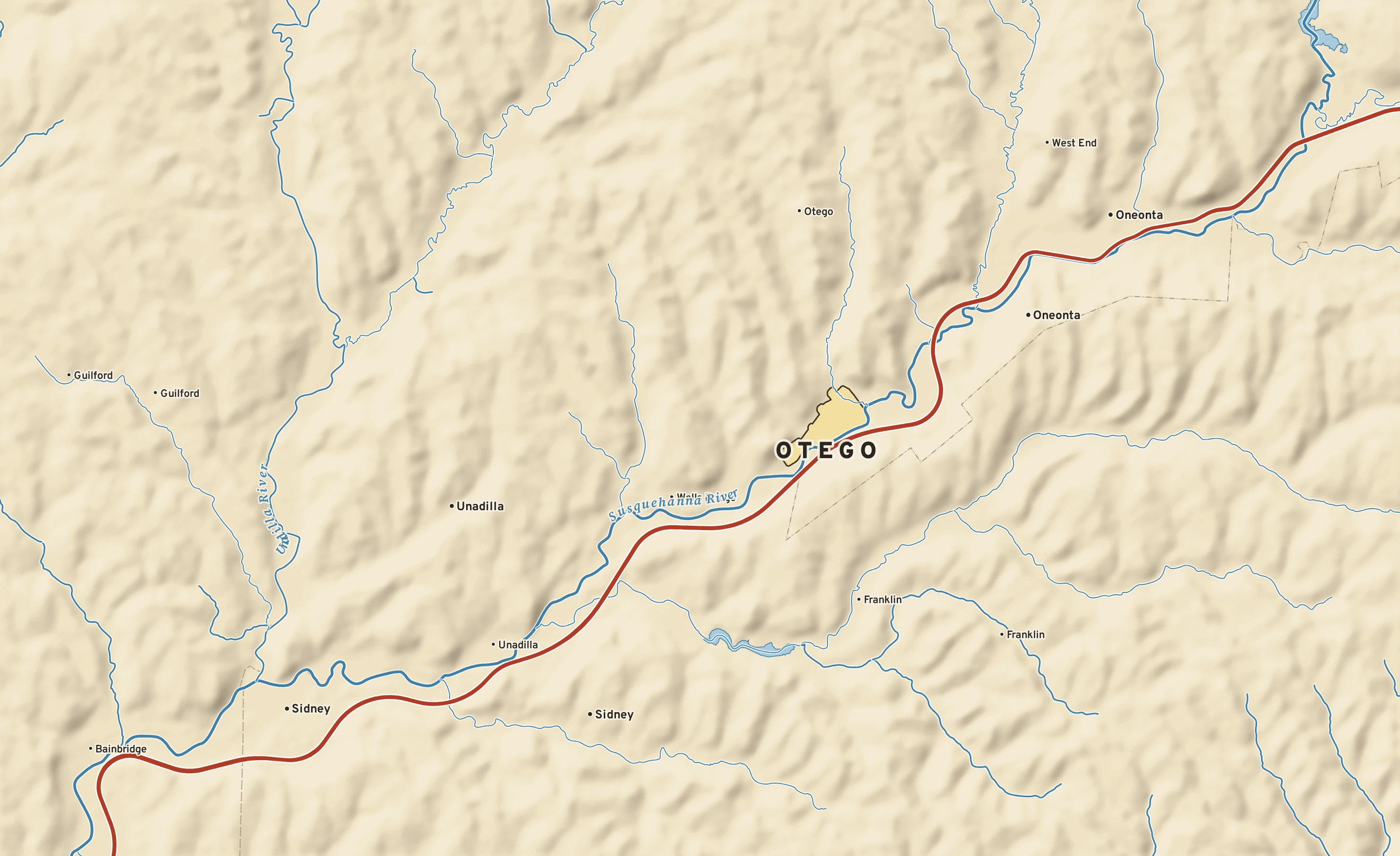 Shaded-relief atlas plate of Otego, New York: rivers, roads, the city limits and where the water drains.
