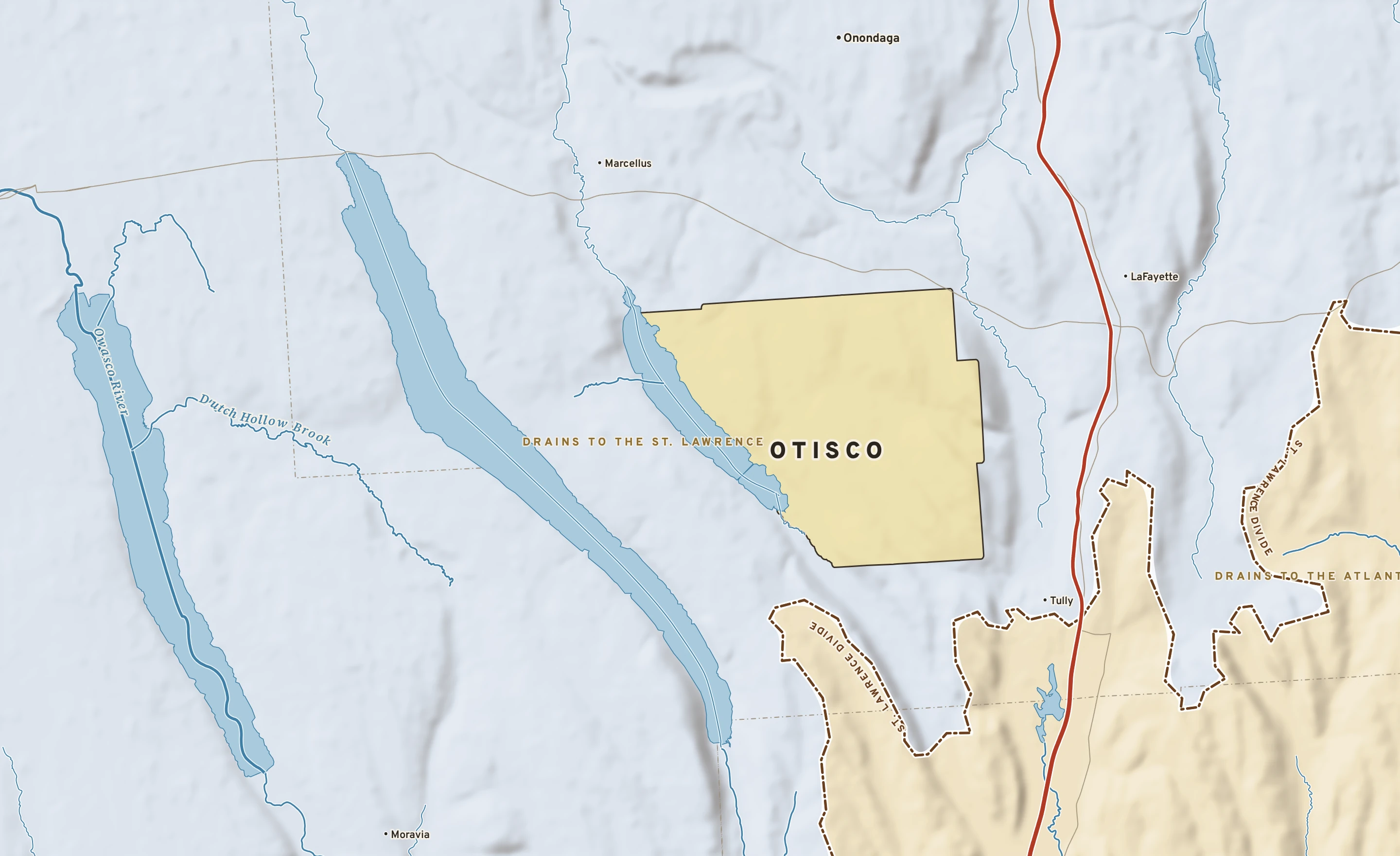 Shaded-relief atlas plate of Otisco, New York: rivers, roads, the city limits and where the water drains.