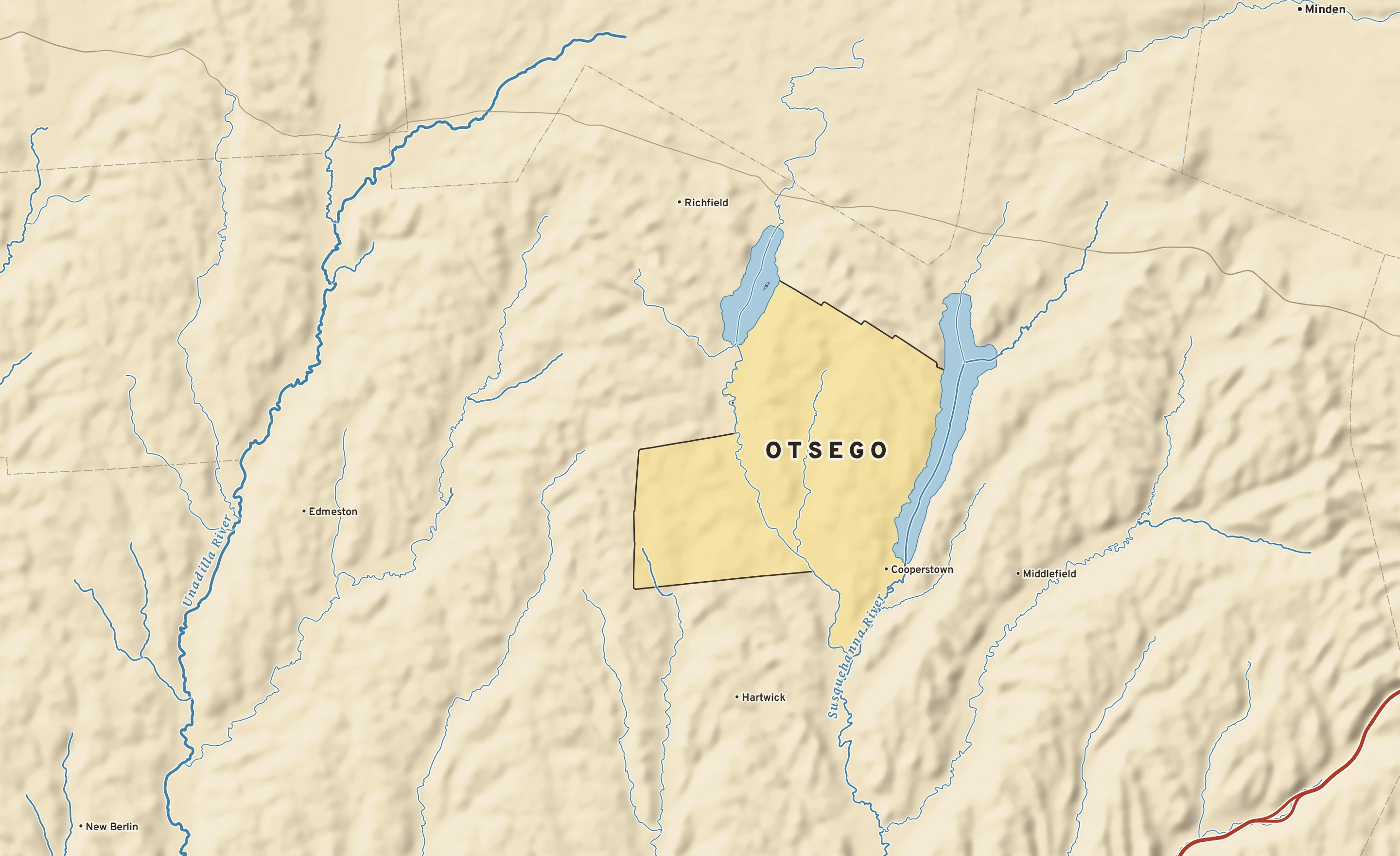 Shaded-relief atlas plate of Otsego, New York: rivers, roads, the city limits and where the water drains.
