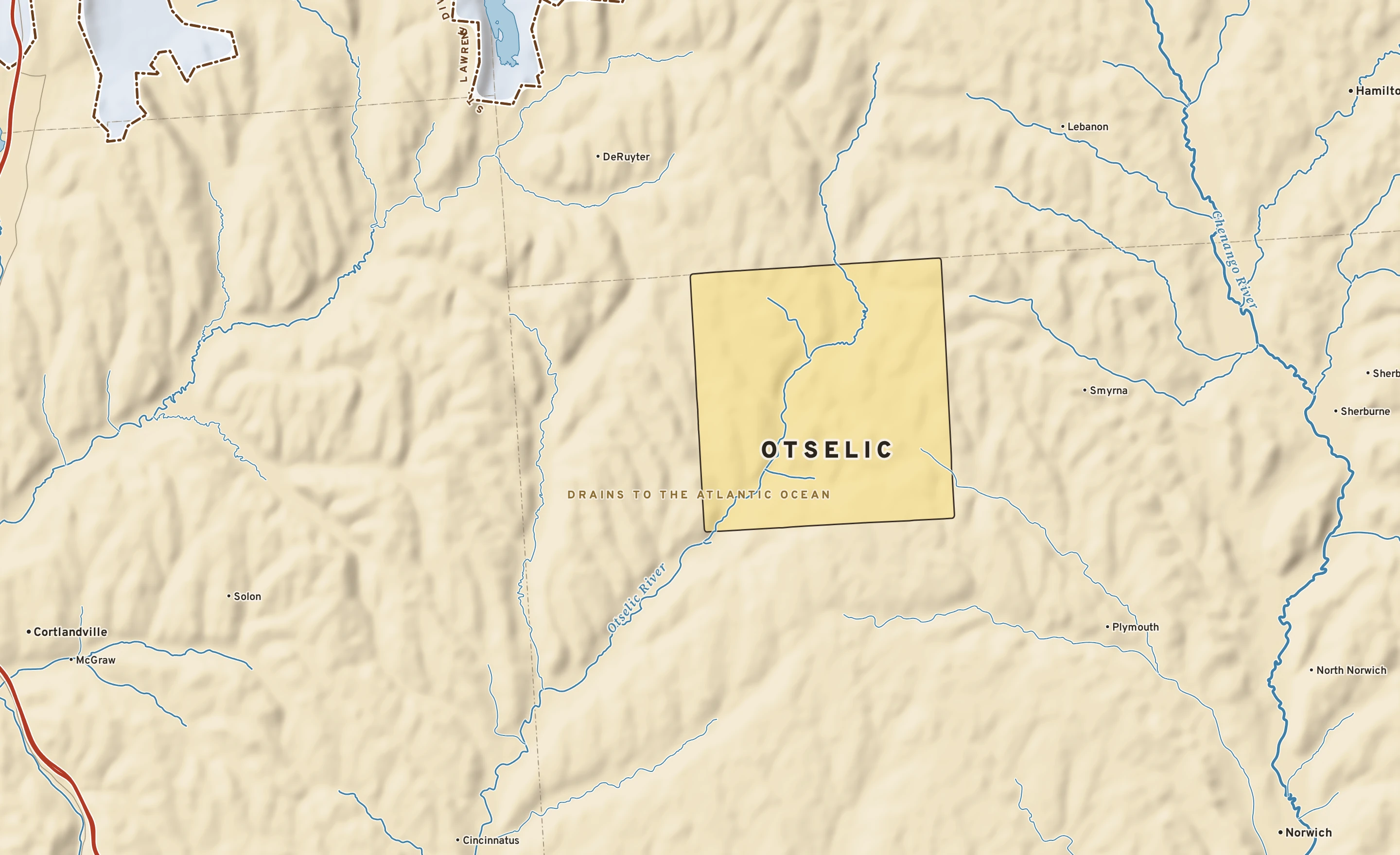 Shaded-relief atlas plate of Otselic, New York: rivers, roads, the city limits and where the water drains.