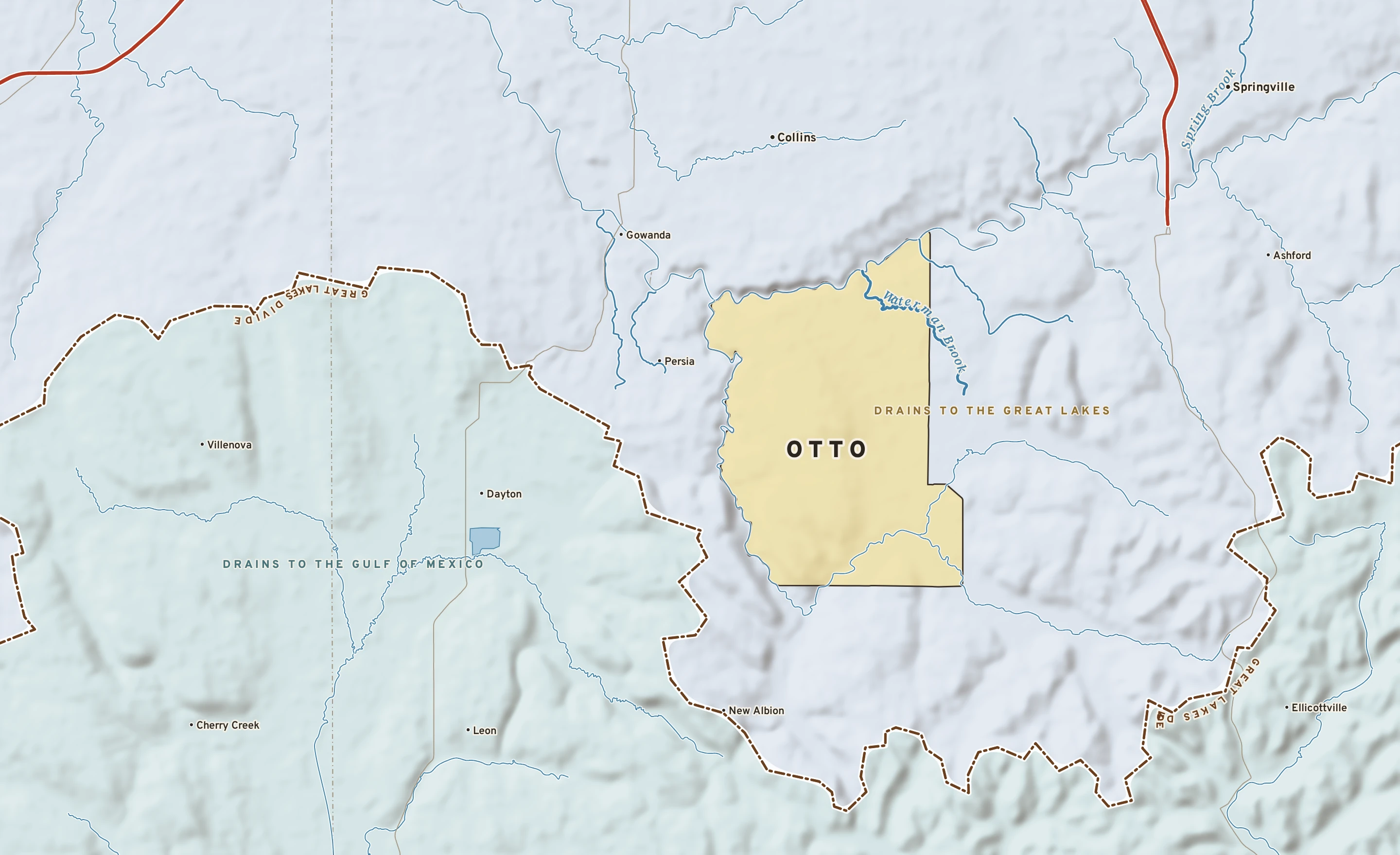 Shaded-relief atlas plate of Otto, New York: rivers, roads, the city limits and where the water drains.